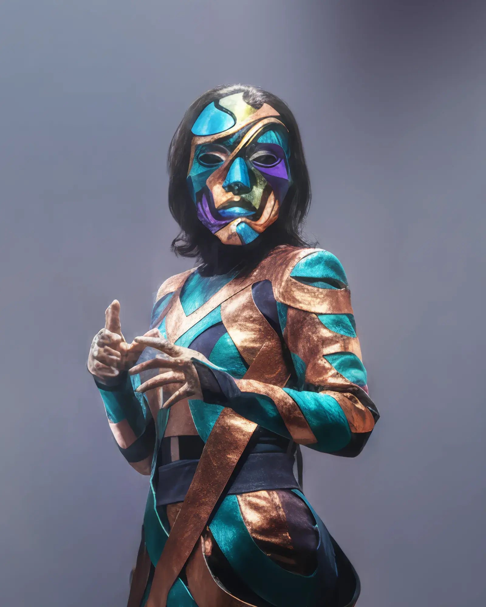 Abstract Colorful Puzzle; Handcrafted Colorful Geometric Face Art mask worn by model in elaborate costume.