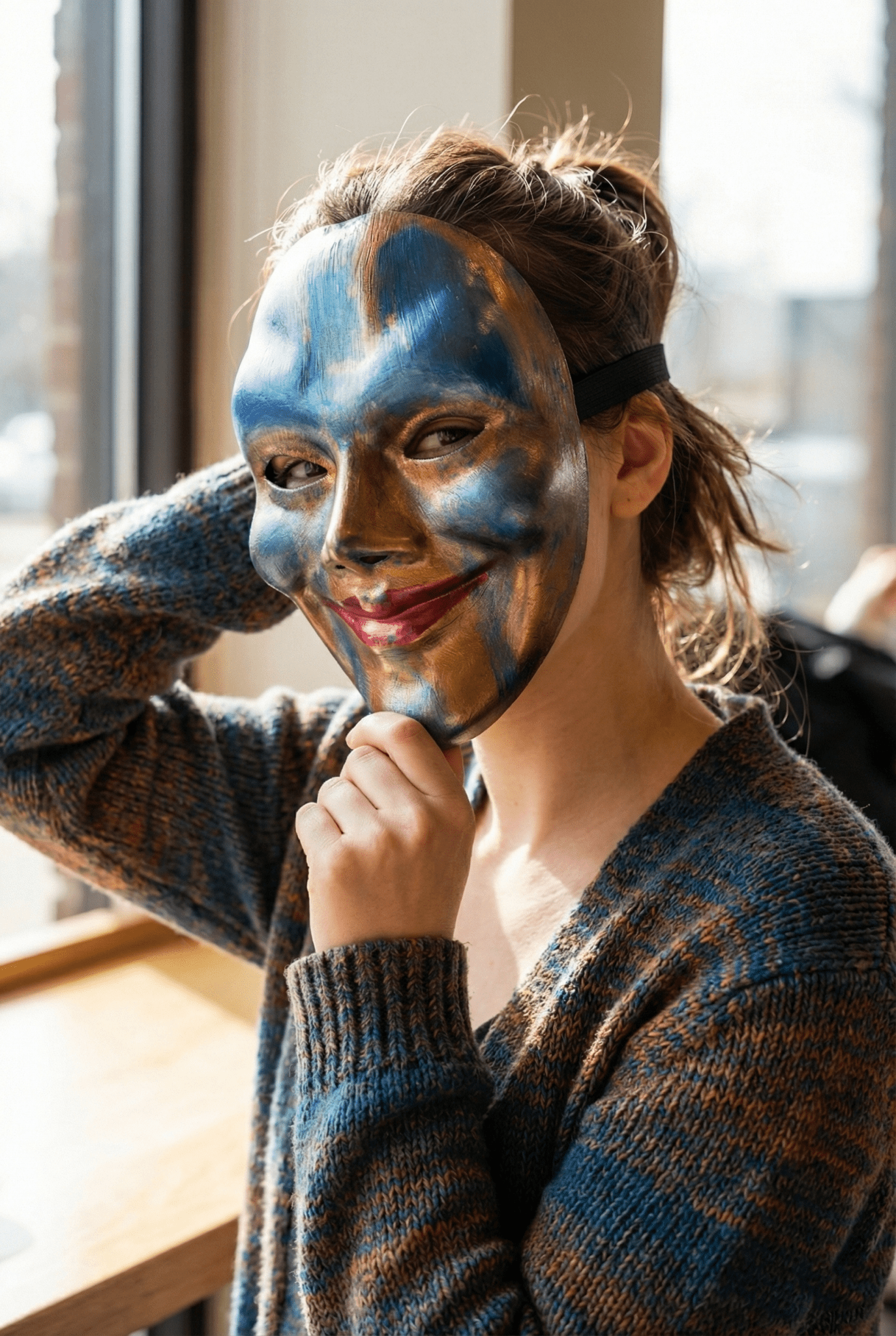 Aureline AbstractMask: Blue & Bronze Art Face Mask, Unique Decorative Sculpture - Venemask