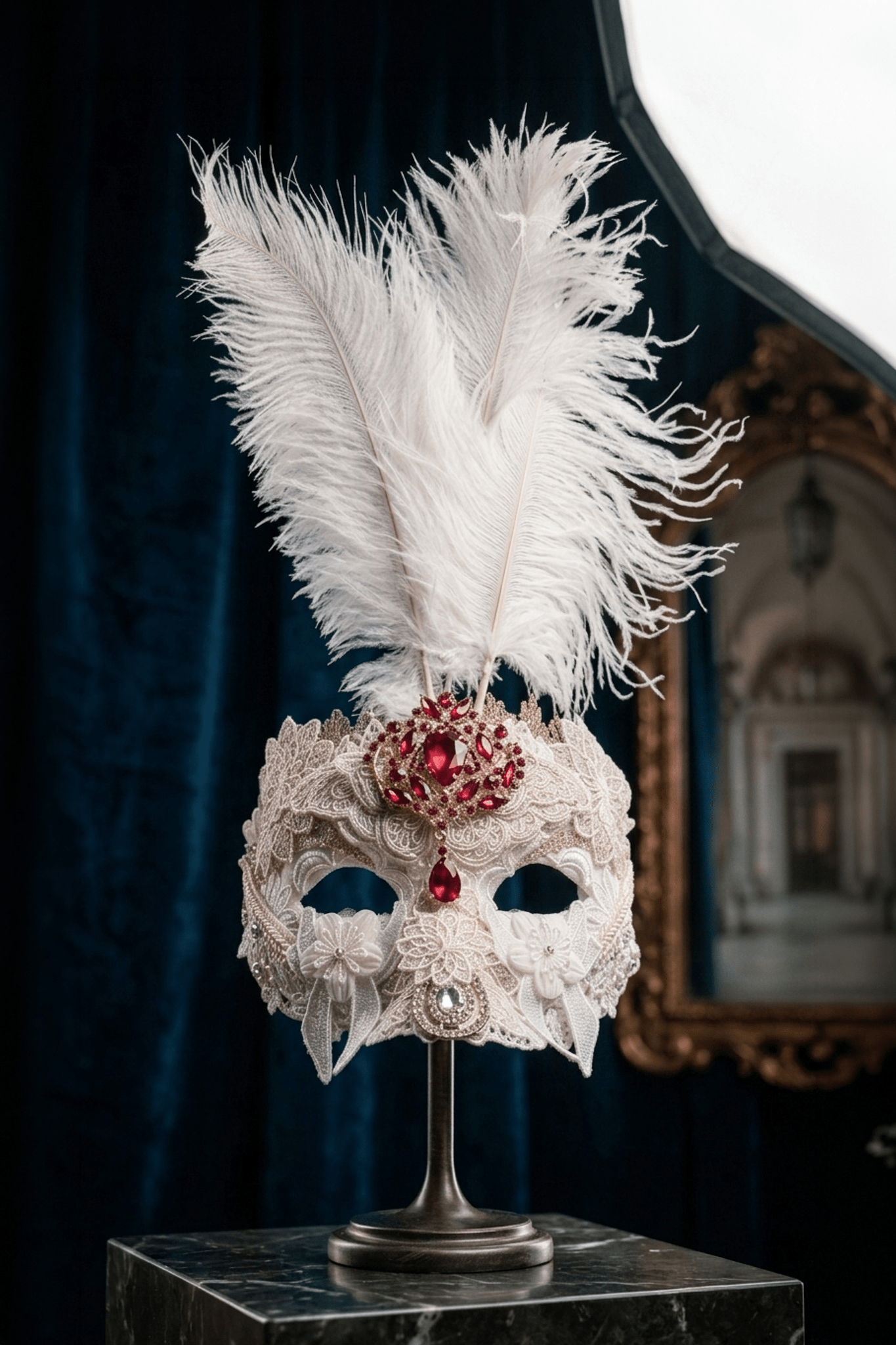 Bianca Royal Ivory Feather Mask: Venetian Baroque Elegance, Red Crystal Jewel, Luxury - Venemask