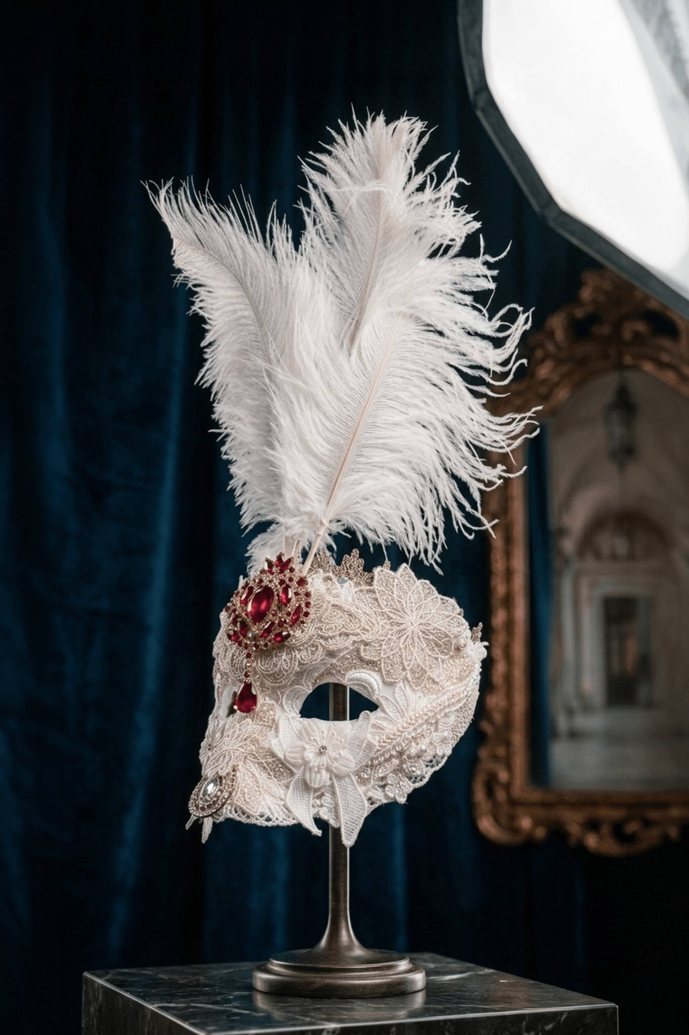 Bianca Royal Ivory Feather Mask: Venetian Baroque Elegance, Red Crystal Jewel, Luxury - Venemask