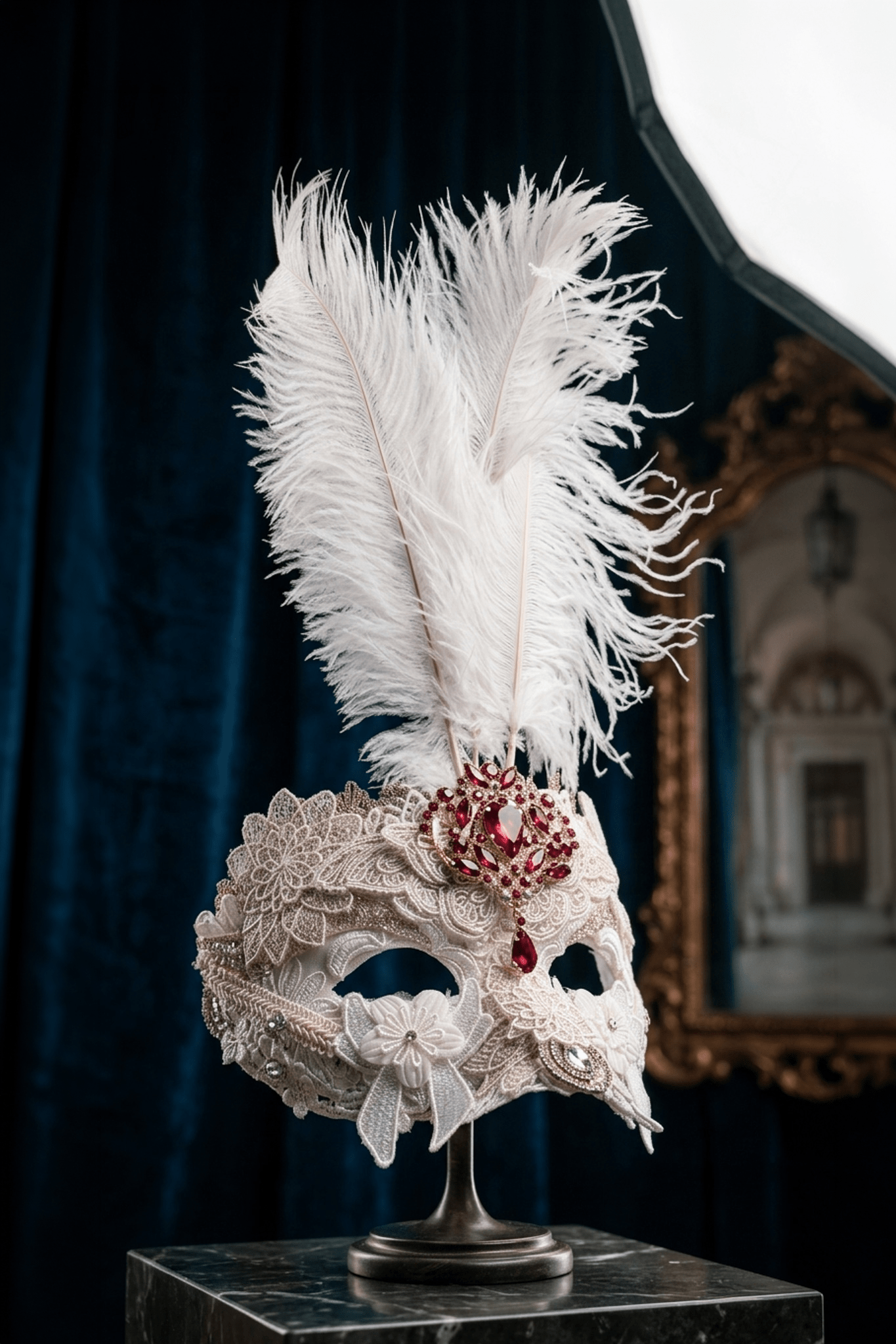 Bianca Royal Ivory Feather Mask: Venetian Baroque Elegance, Red Crystal Jewel, Luxury - Venemask