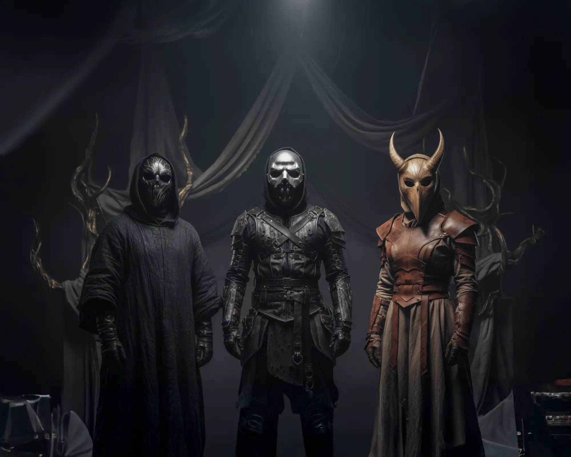 Black hooded cloak with skull mask and horns, dark fabric material.