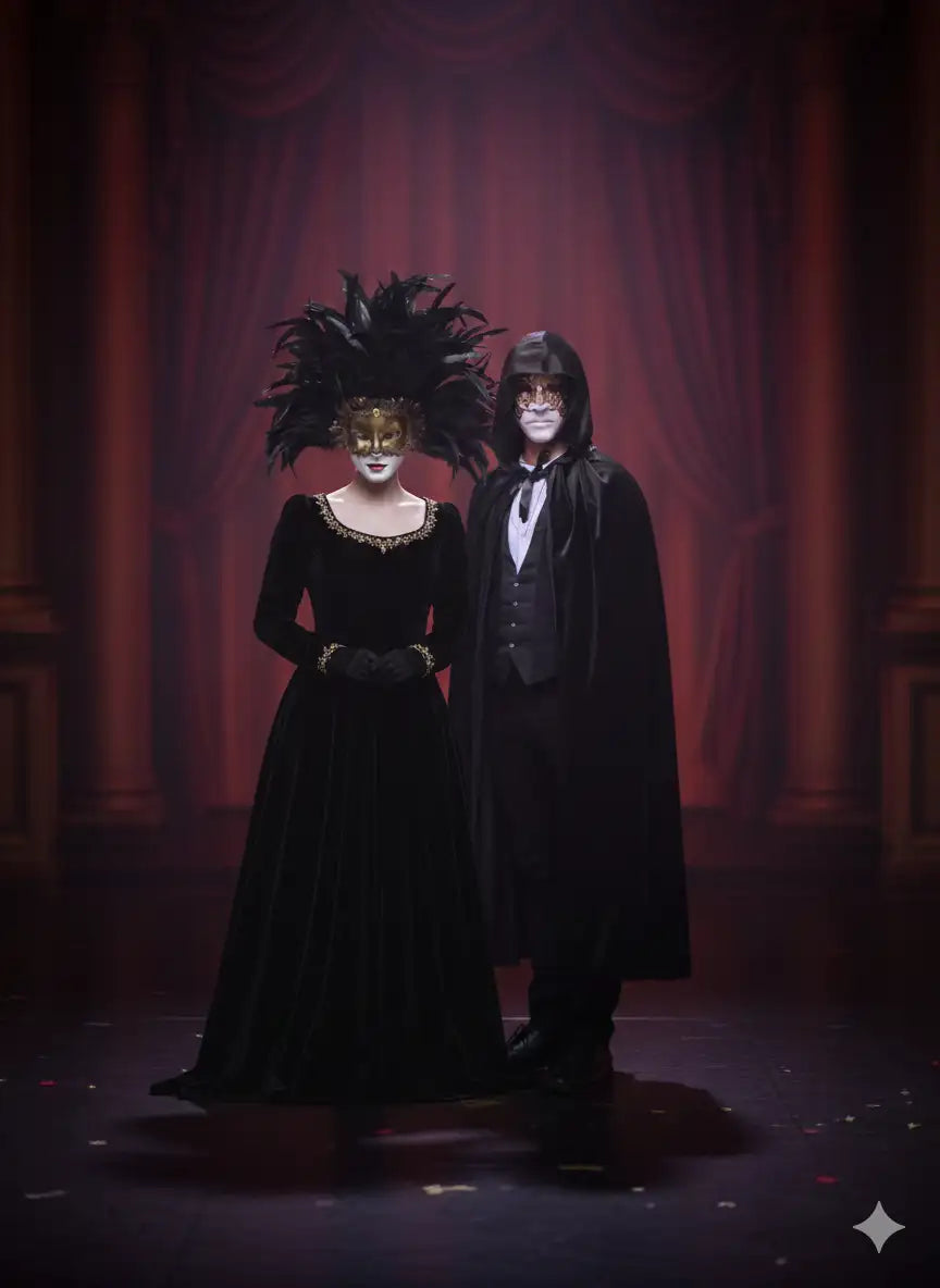 Black lace ball gown with feathered headpiece and gold mask