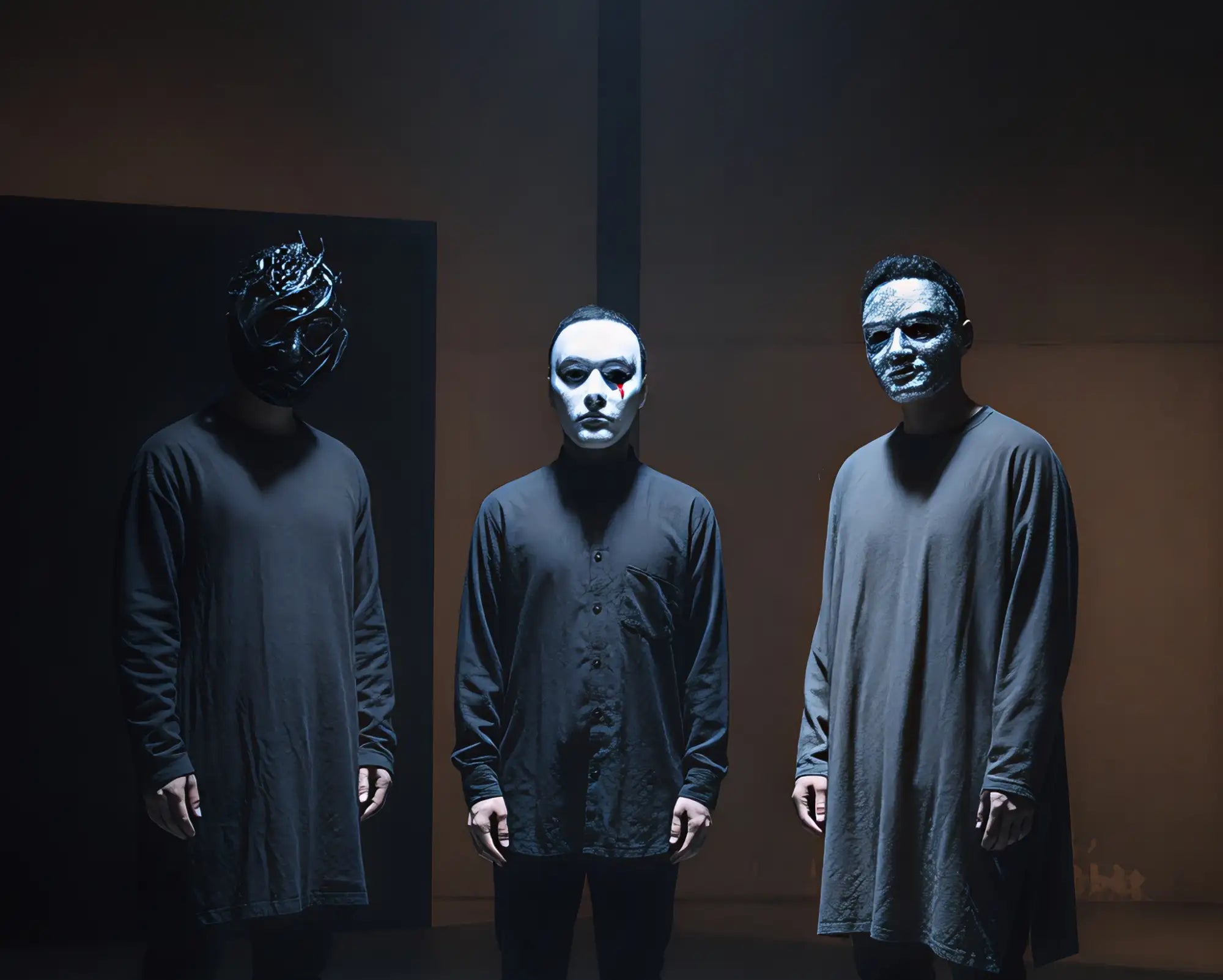 Black long-sleeved shirt with a mask design on the front.