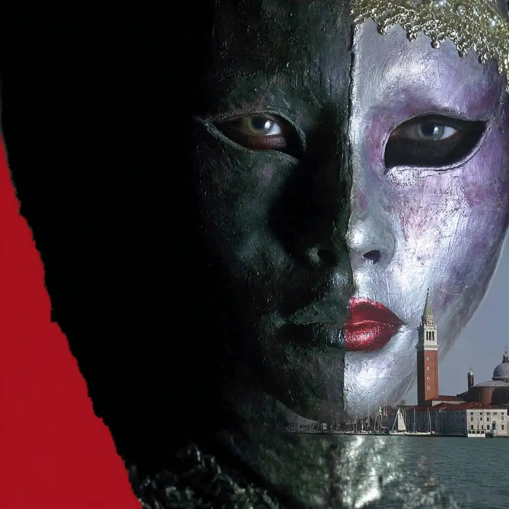 Black and purple half-mask with red lips, metallic finish.