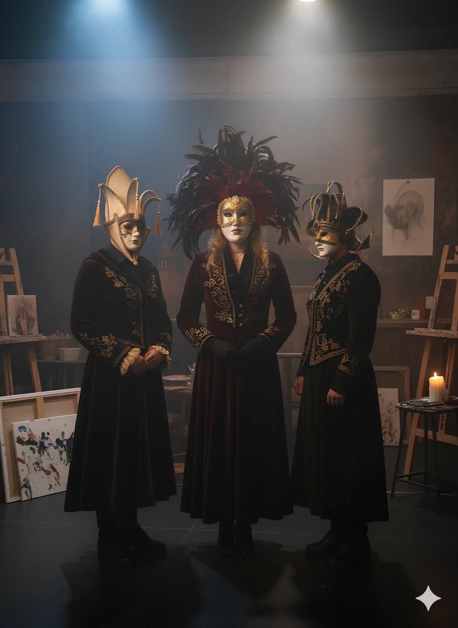 Black velvet opera mask with gold accents and feathers, designed by venetian mask company.