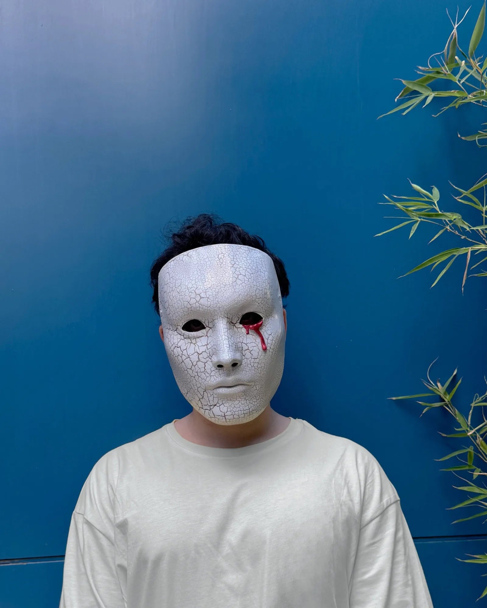 "Blood Crying Venetian; Bloddy Eye, Cracking Face Pattern White Mask" worn by person, handcrafted, venetian, cosplay, fantasy mask