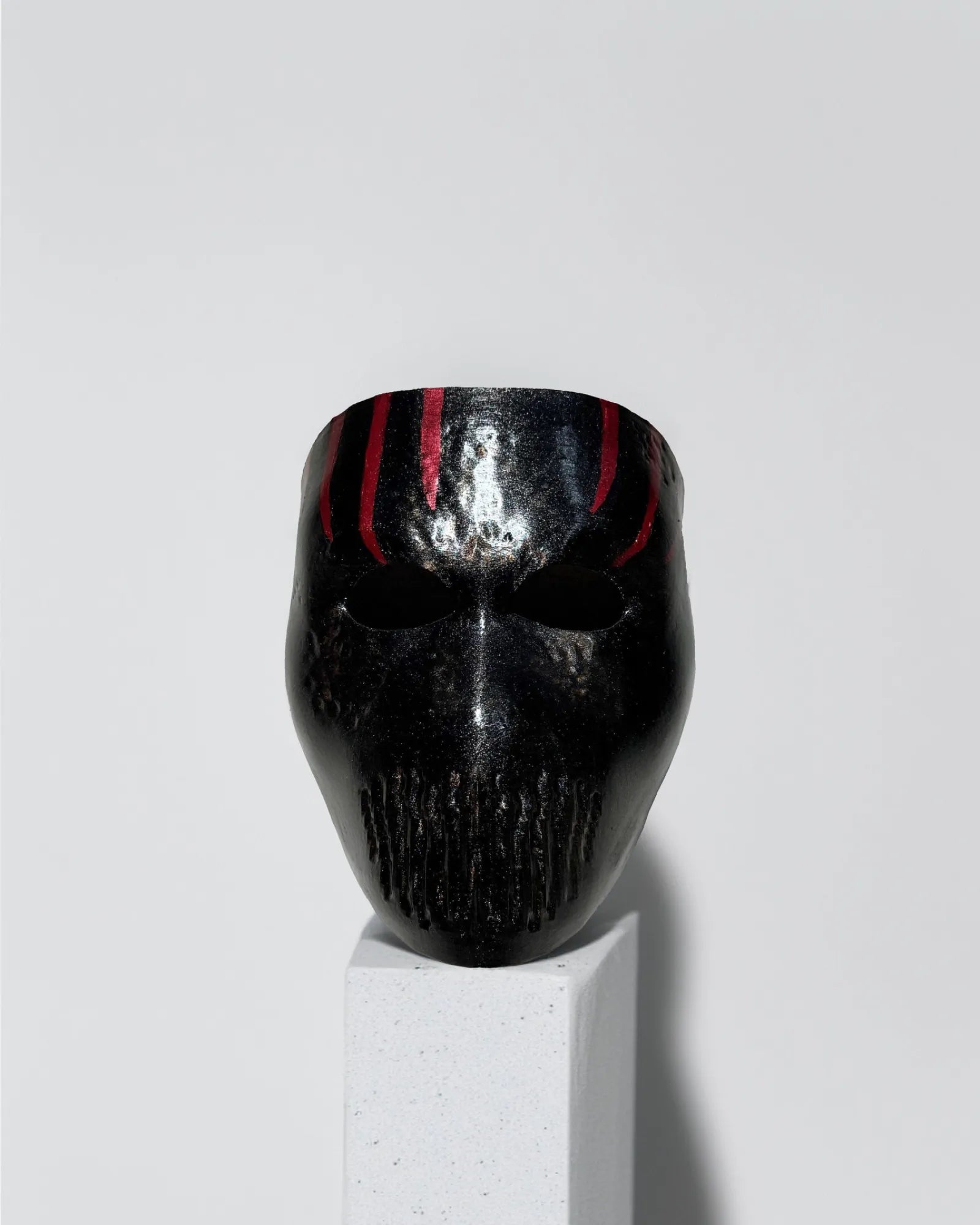 Bloody Death; Black Mask with Red Details - Horror, Halloween, handcrafted Venetian cosplay mask, perfect for fantasy events.