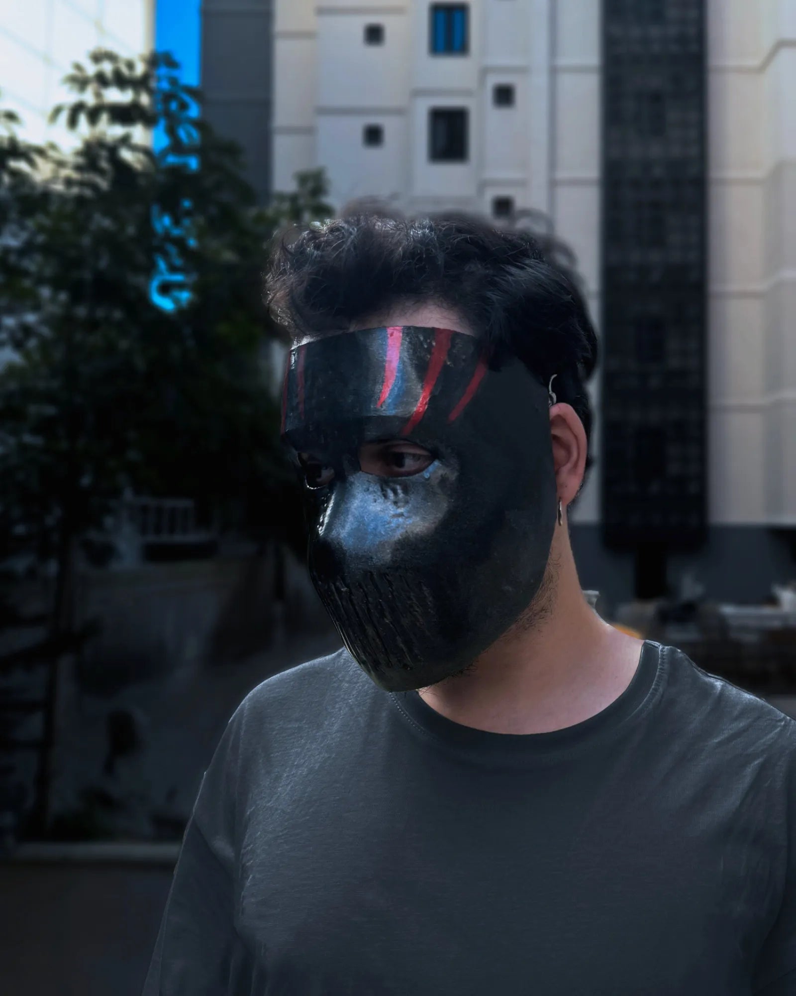 Bloody Death; Black Mask with Red Details - Horror, Halloween handcrafted Venetian cosplay fantasy mask worn outdoors