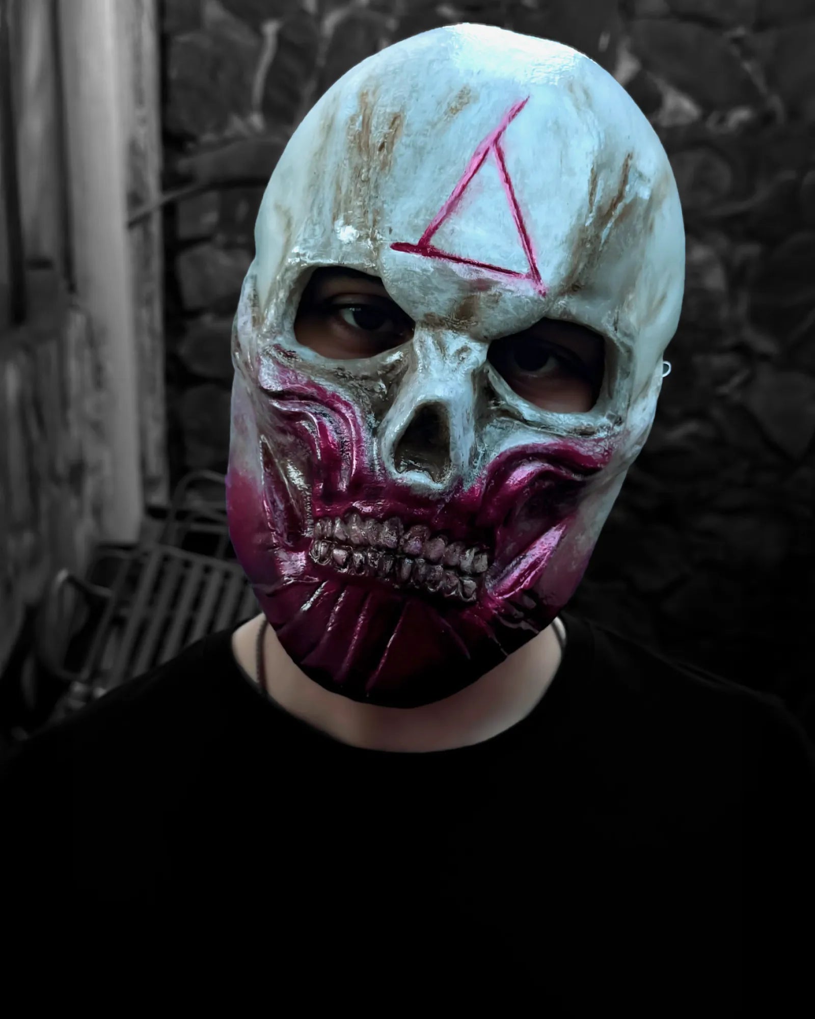 Handcrafted Venetian Bloody Skull Ghoul Face Skeleton; Triangle stamp detail, Horror Gothic mask for cosplay and fantasy events.