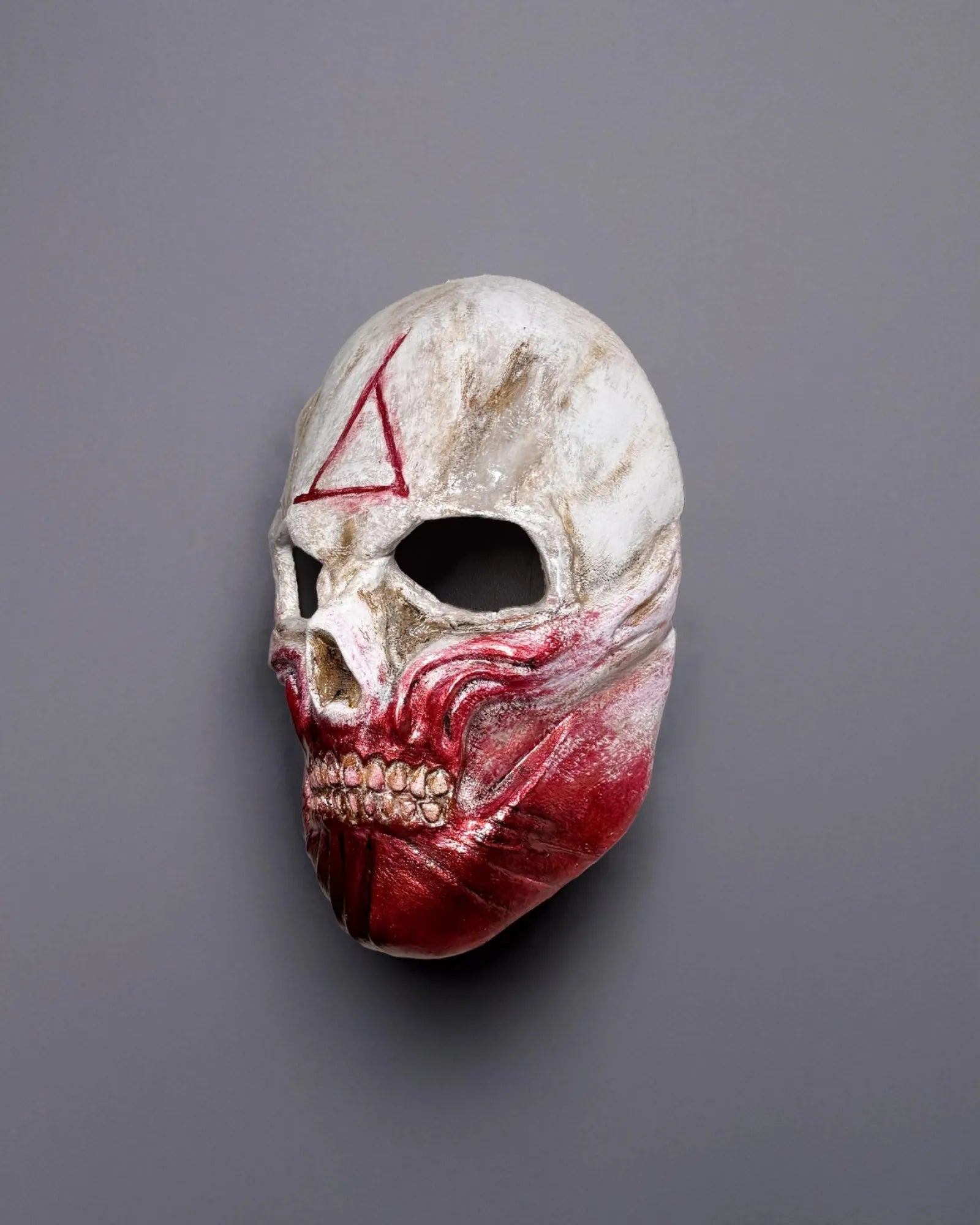 Bloody Skull Ghoul Face Skeleton; Triangle stamp detail, Horror Gothic mask, handcrafted Venetian cosplay fantasy accessory.