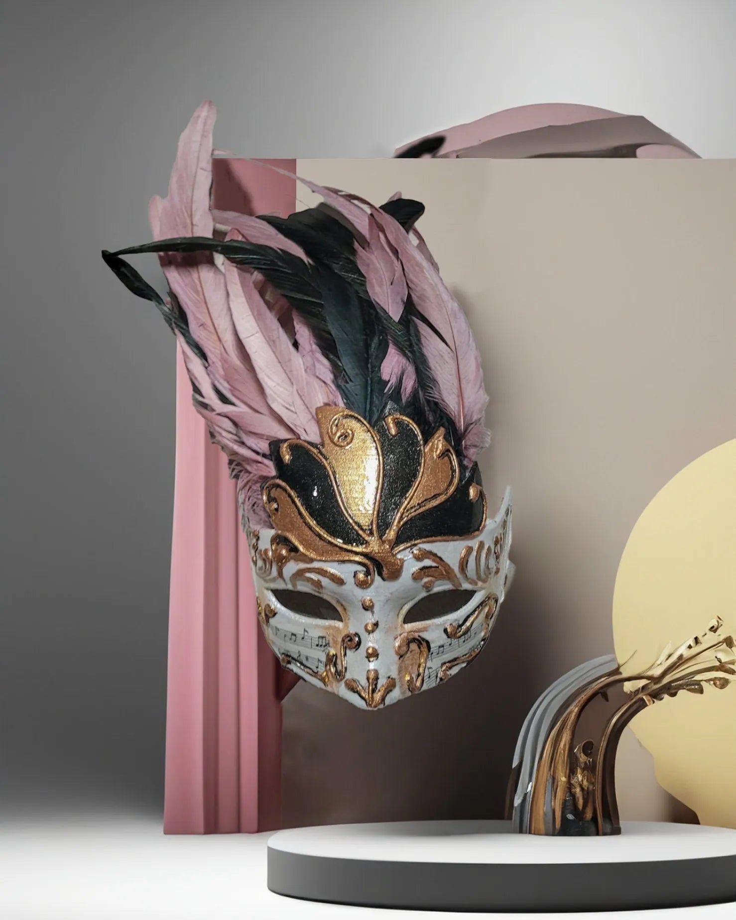 Chic Winged Crown Venetian; Delicate Powder Pink with Black Feathers mask, handcrafted venetian cosplay and fantasy accessory