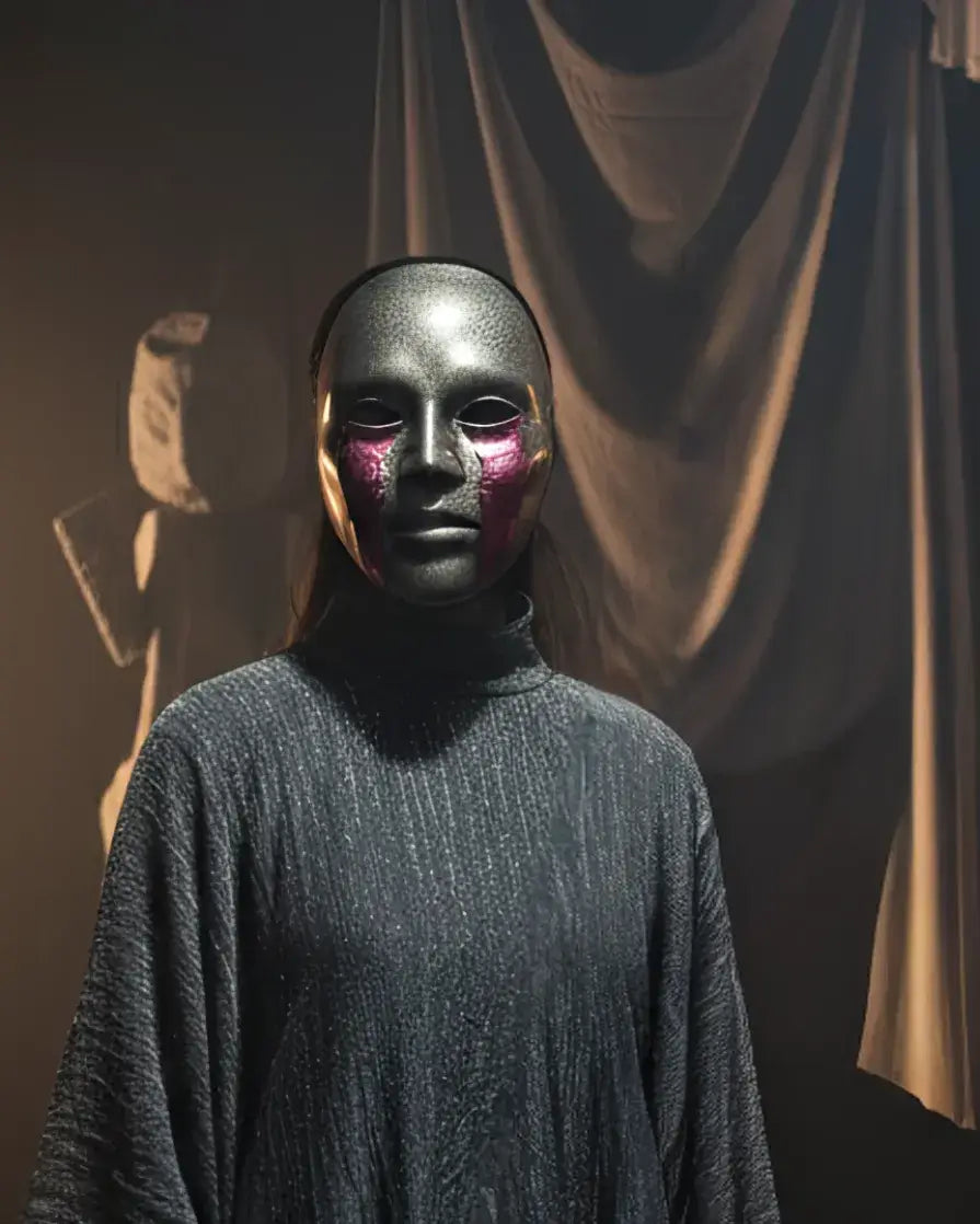 Cracked Black and Gold with Blood Cry Lines; Gothic Art Cosplay Mask worn by a model in a dark setting.