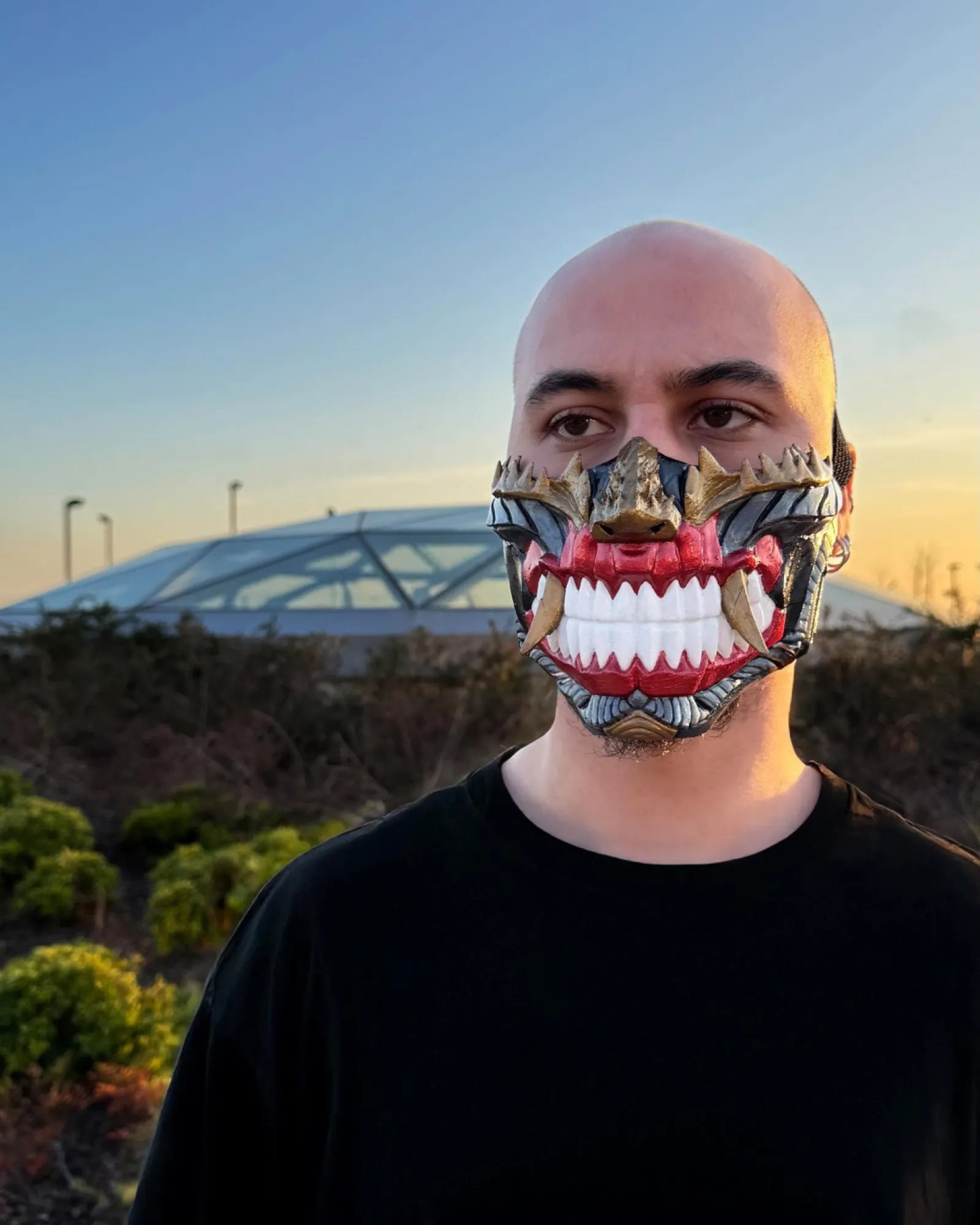 Dark Cyber Samurai Half Oni; dark Onu demons mask with white teeth - Venemask