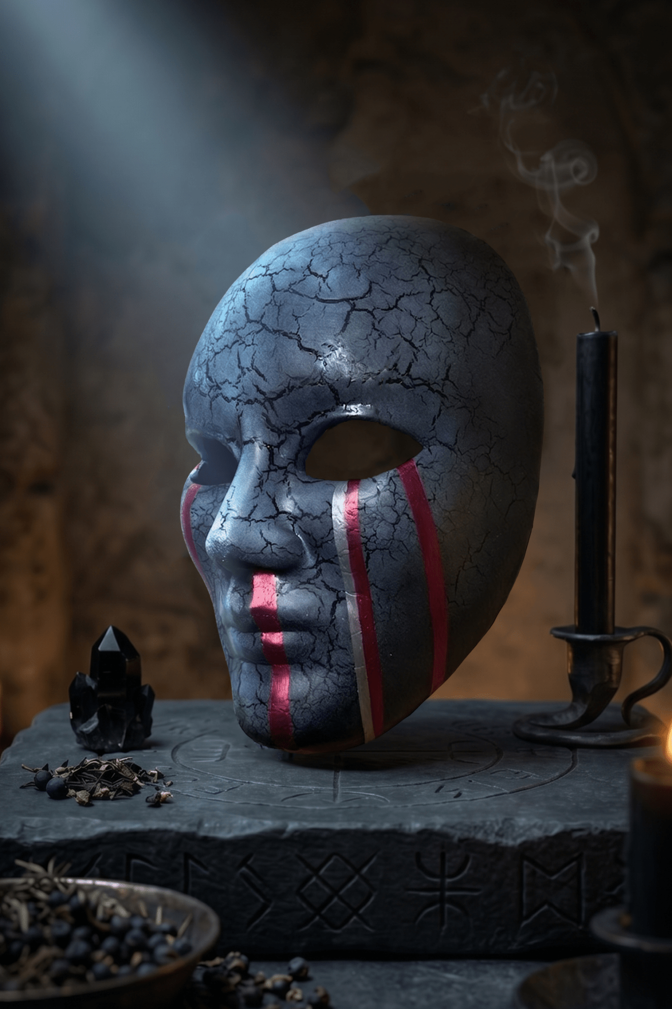 Dark Silver Crackle Face with Red Stripes; Abstract Art Mask - Venemask