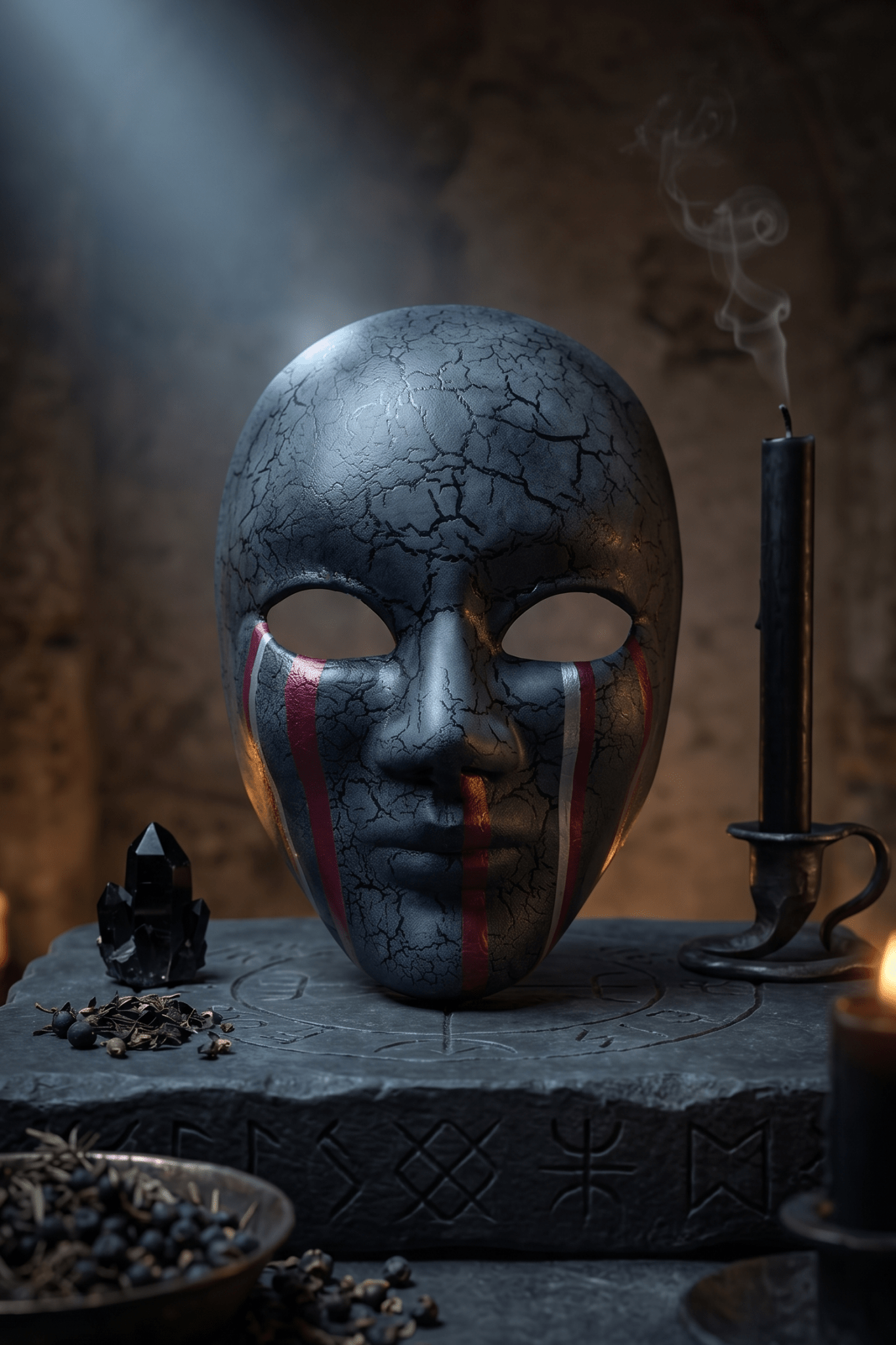 Dark Silver Crackle Face with Red Stripes; Abstract Art Mask - Venemask