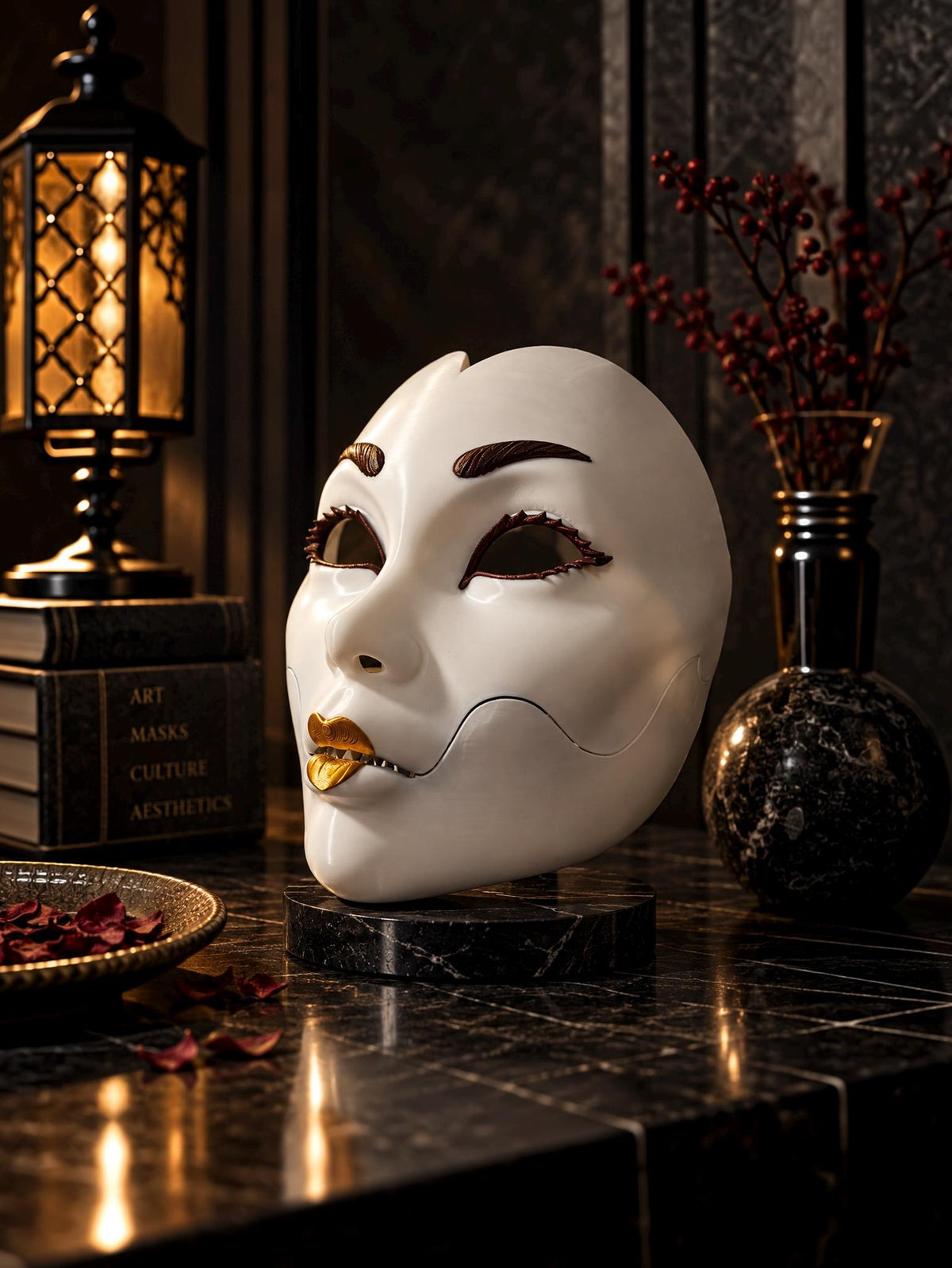 Demon Geisha Gold Mask - Japanese Horror Folklore, Cosplay Masquerade, cosplay - Venemask