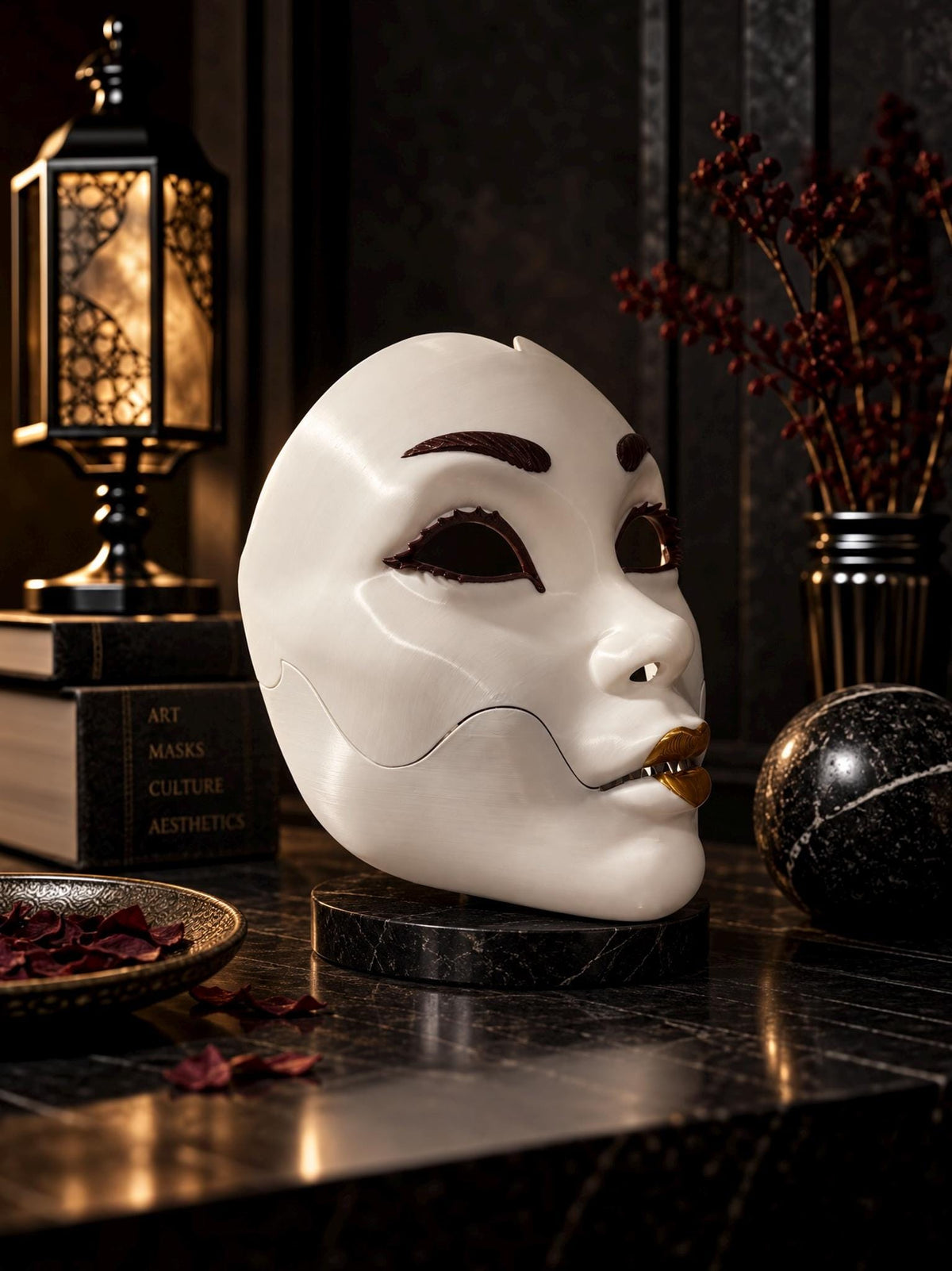 Demon Geisha Gold Mask - Japanese Horror Folklore, Cosplay Masquerade, cosplay - Venemask