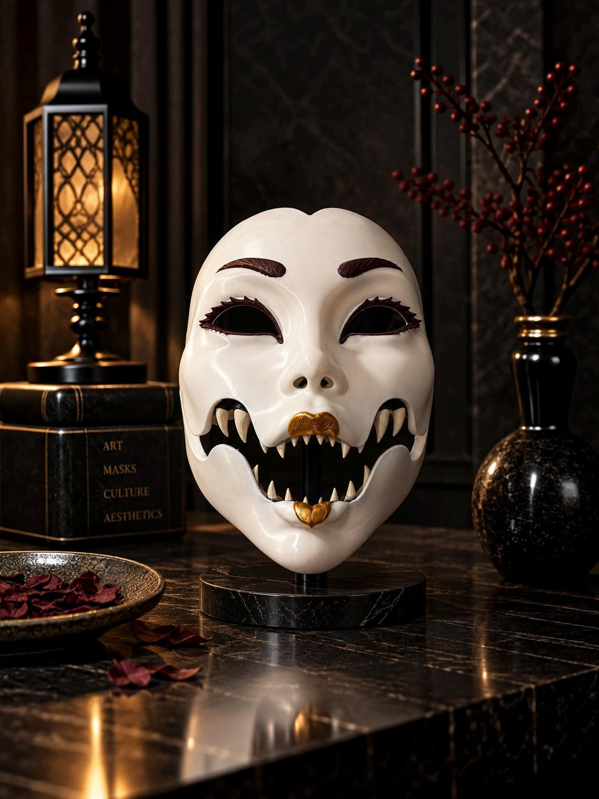 Demon Geisha Gold Mask - Japanese Horror Folklore, Cosplay Masquerade, cosplay - Venemask