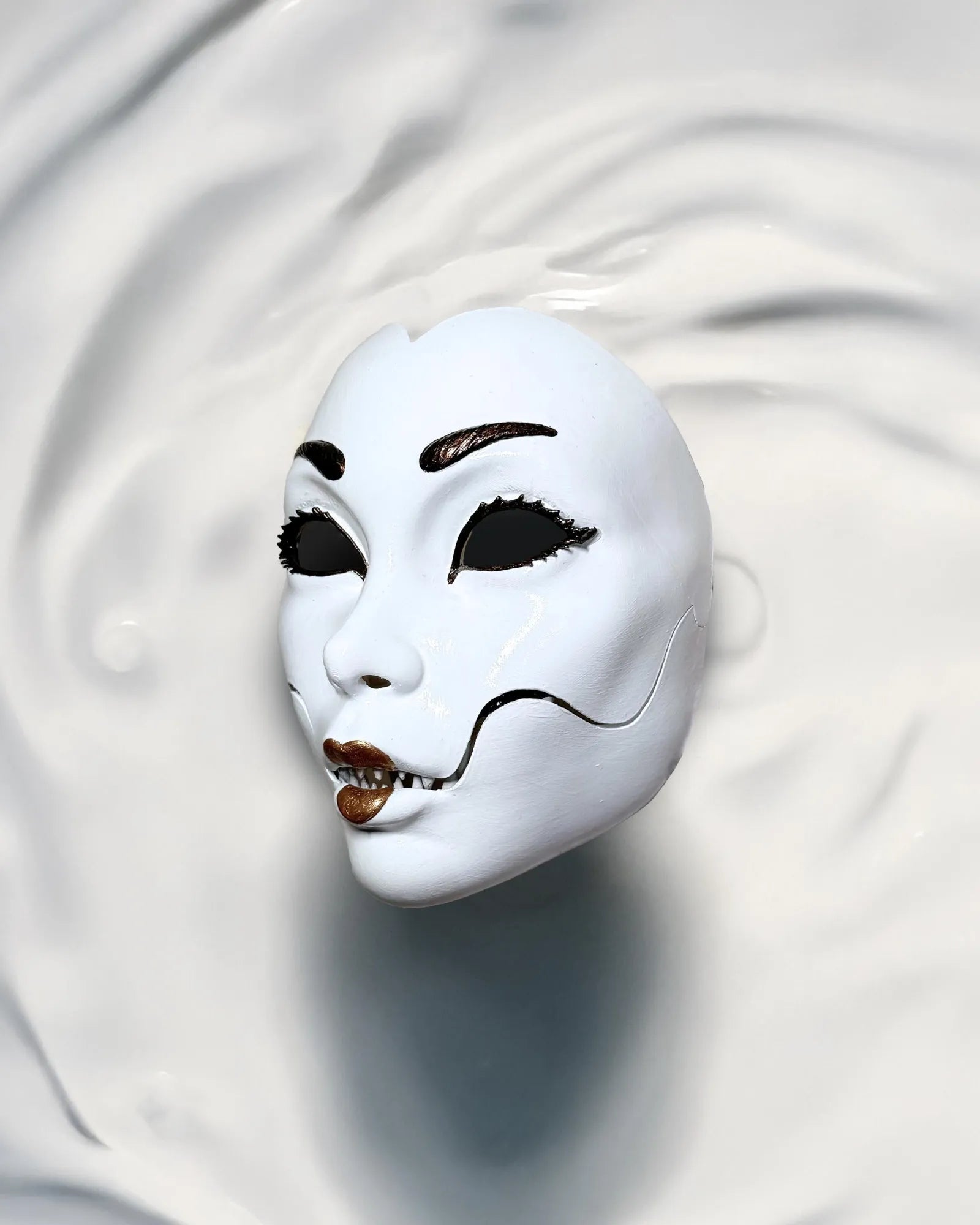 Demon Geisha; Mythology Geisha Moveable Jar, Japanese folklore mask, handcrafted Venetian cosplay mask on white background