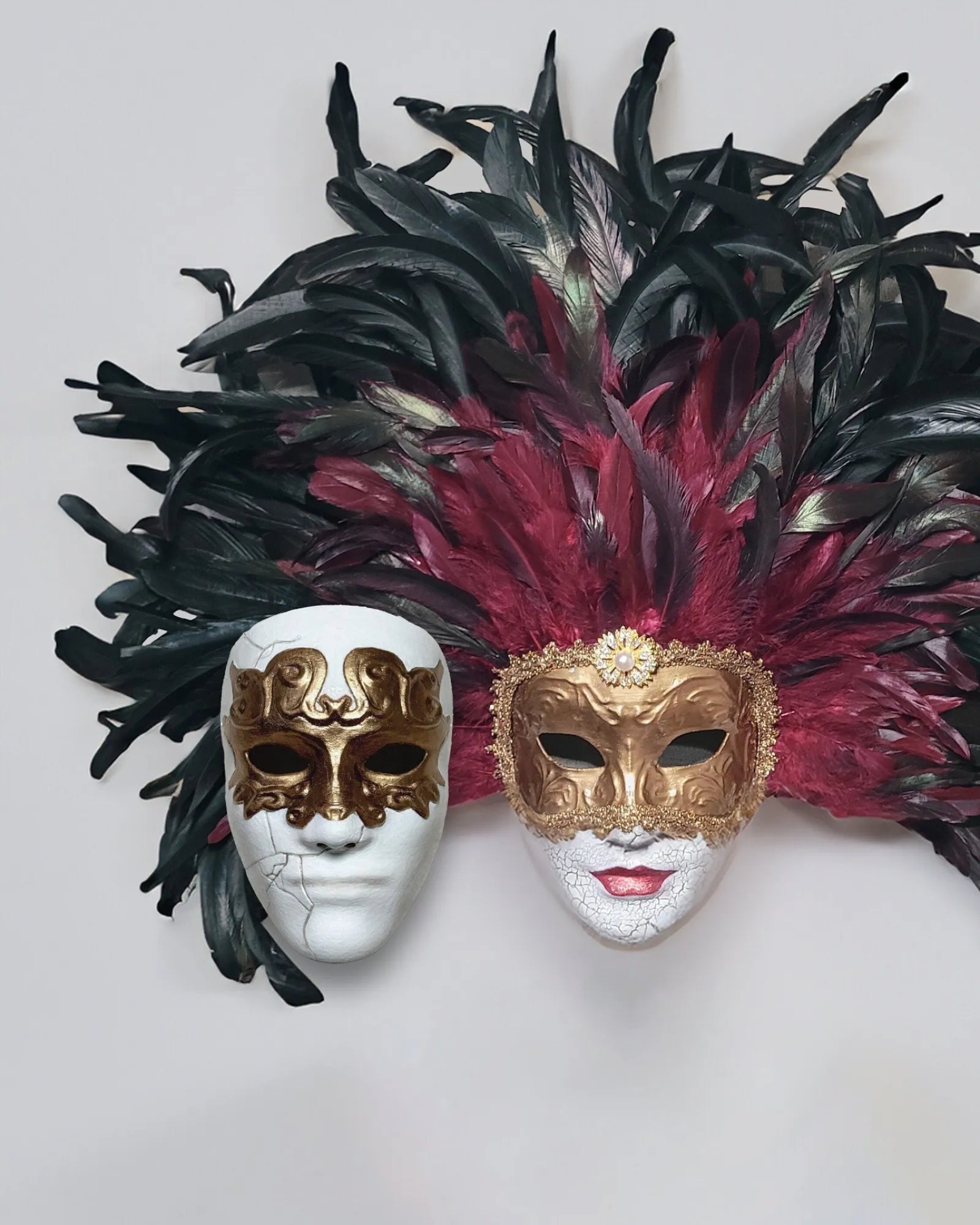 Eyes Wide Shut Inspired - Bill Harford and Red Burgundy Mandy Feathers Mask, handcrafted Venetian cosplay fantasy mask