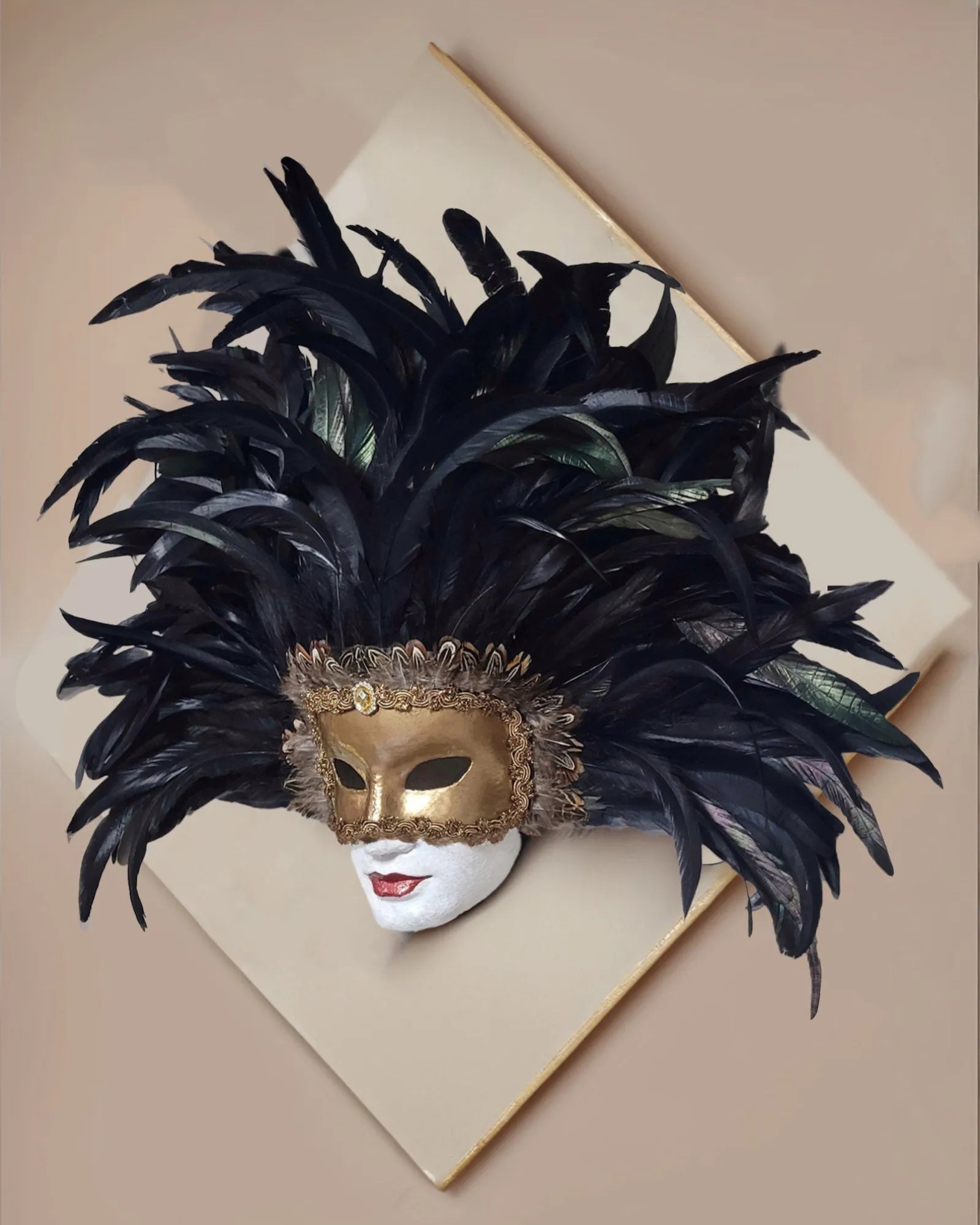 Eyes Wide Shut handcrafted Venetian mask for cosplay and fantasy, featuring an ornate design with black feathers and gold accents.