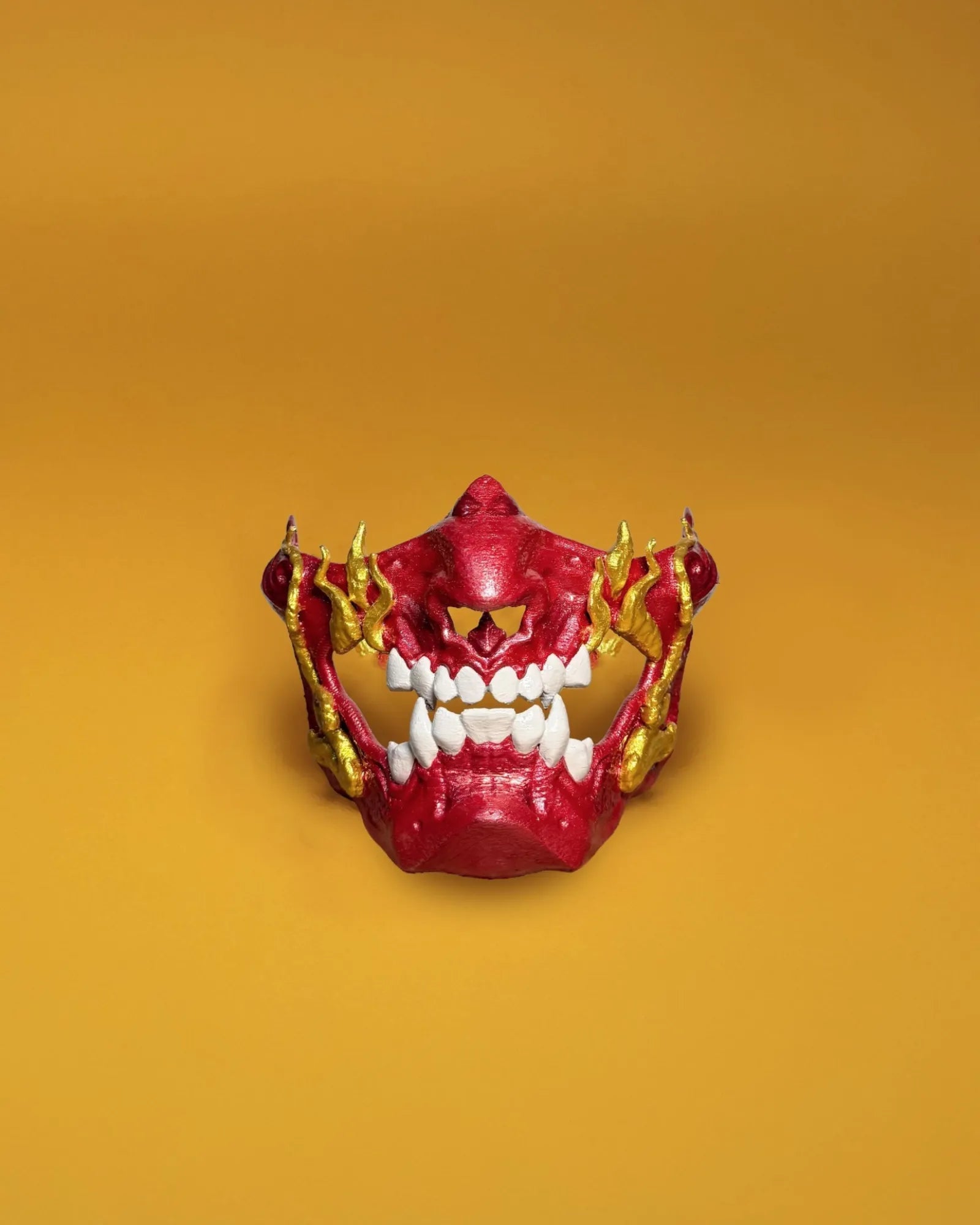 Fire Red Gold Samurai Demon Oni; red Oni demons mask with gold teeth - Venemask