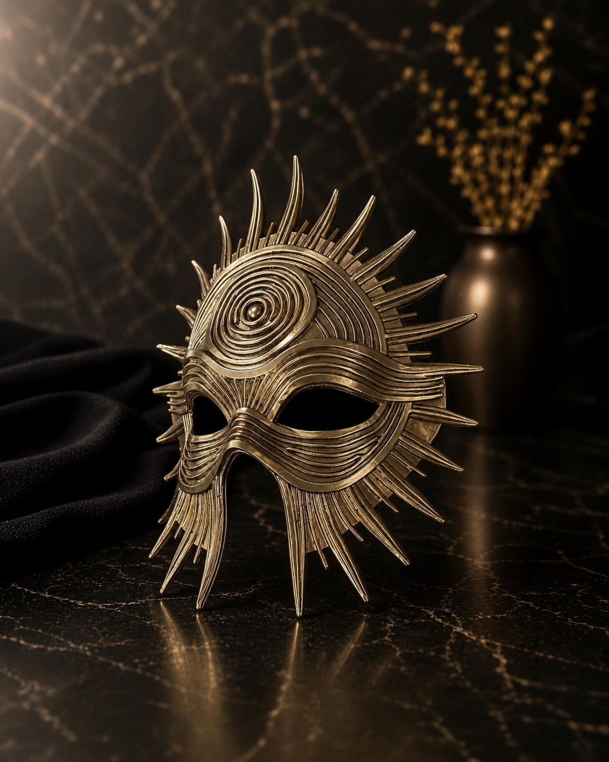Golden Eclipse, Celestial Sun God Masquerade Mask, Fantasy Oracle Costume, Gold Ritual Wall Decor - Venemask
