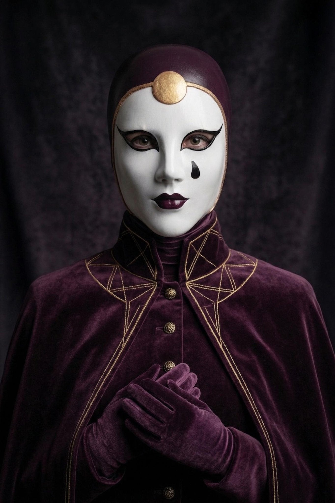 Handmade Venetian Pierrot Mask: White Burgundy Gold Detail, Masquerade Wall Art - Venemask