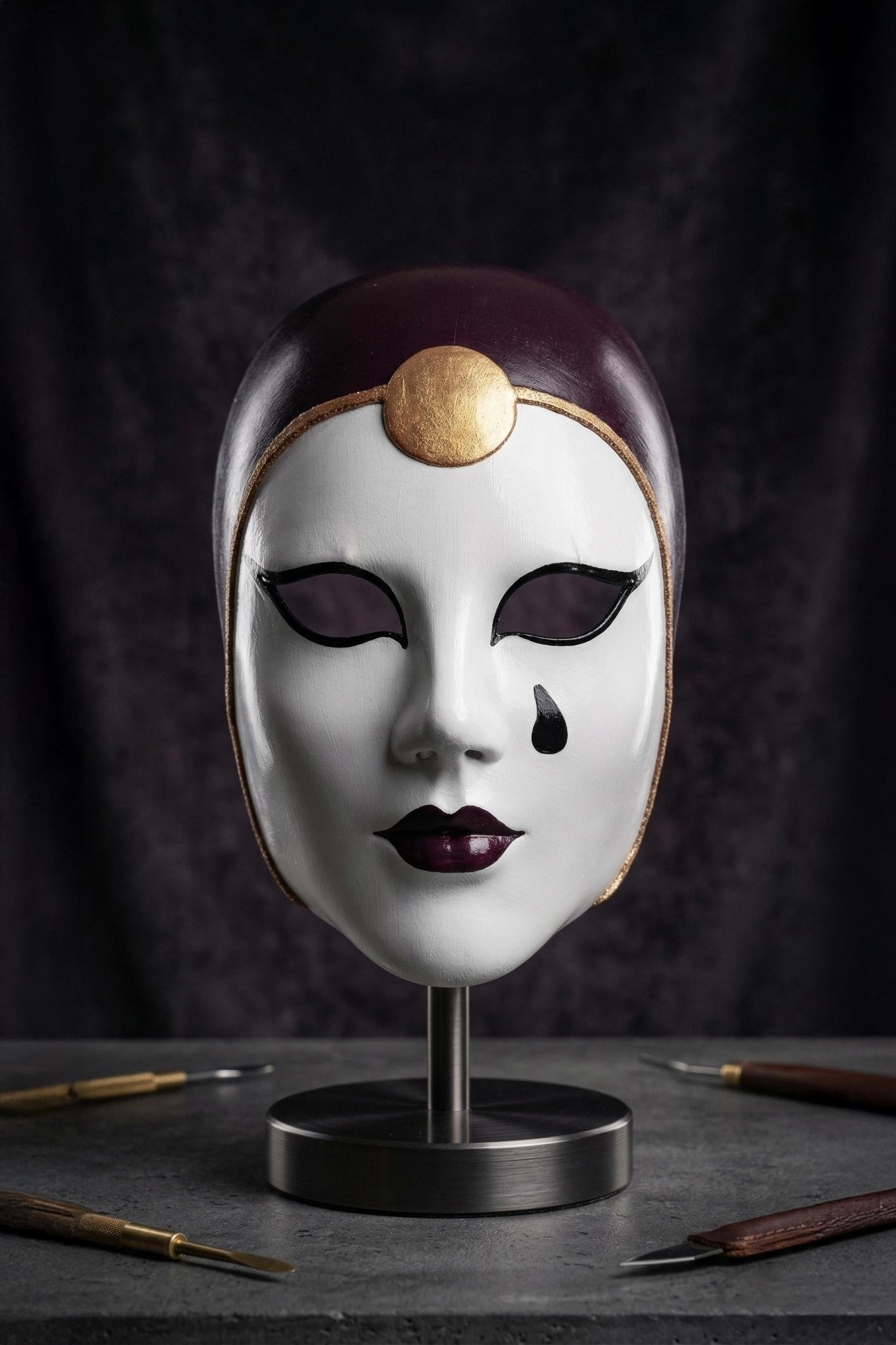 Handmade Venetian Pierrot Mask: White Burgundy Gold Detail, Masquerade Wall Art - Venemask