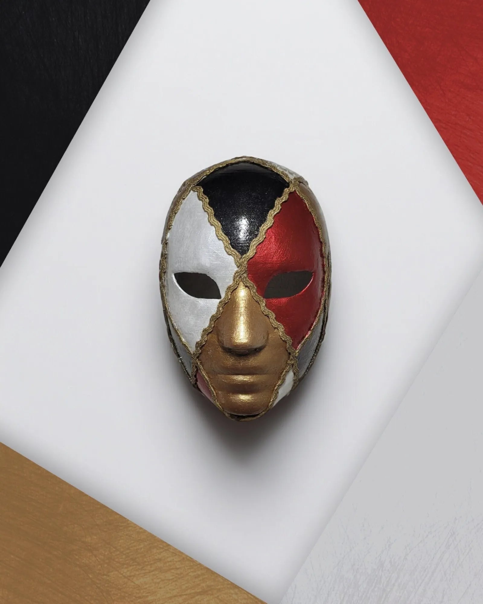 Harlequin Style Red, Gold, Black and White - Venetian, Bauta Mask, handcrafted for cosplay and fantasy.