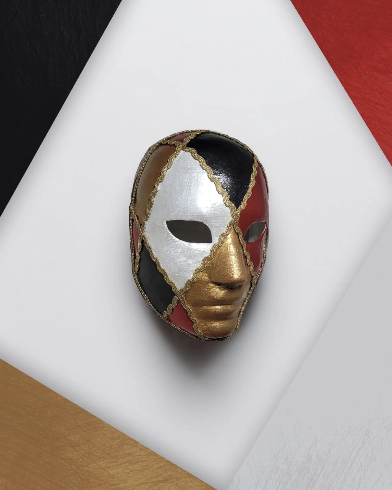 Harlequin Style Red, Gold, Black and White - Venetian, Bauta Mask, handcrafted for cosplay and fantasy events.
