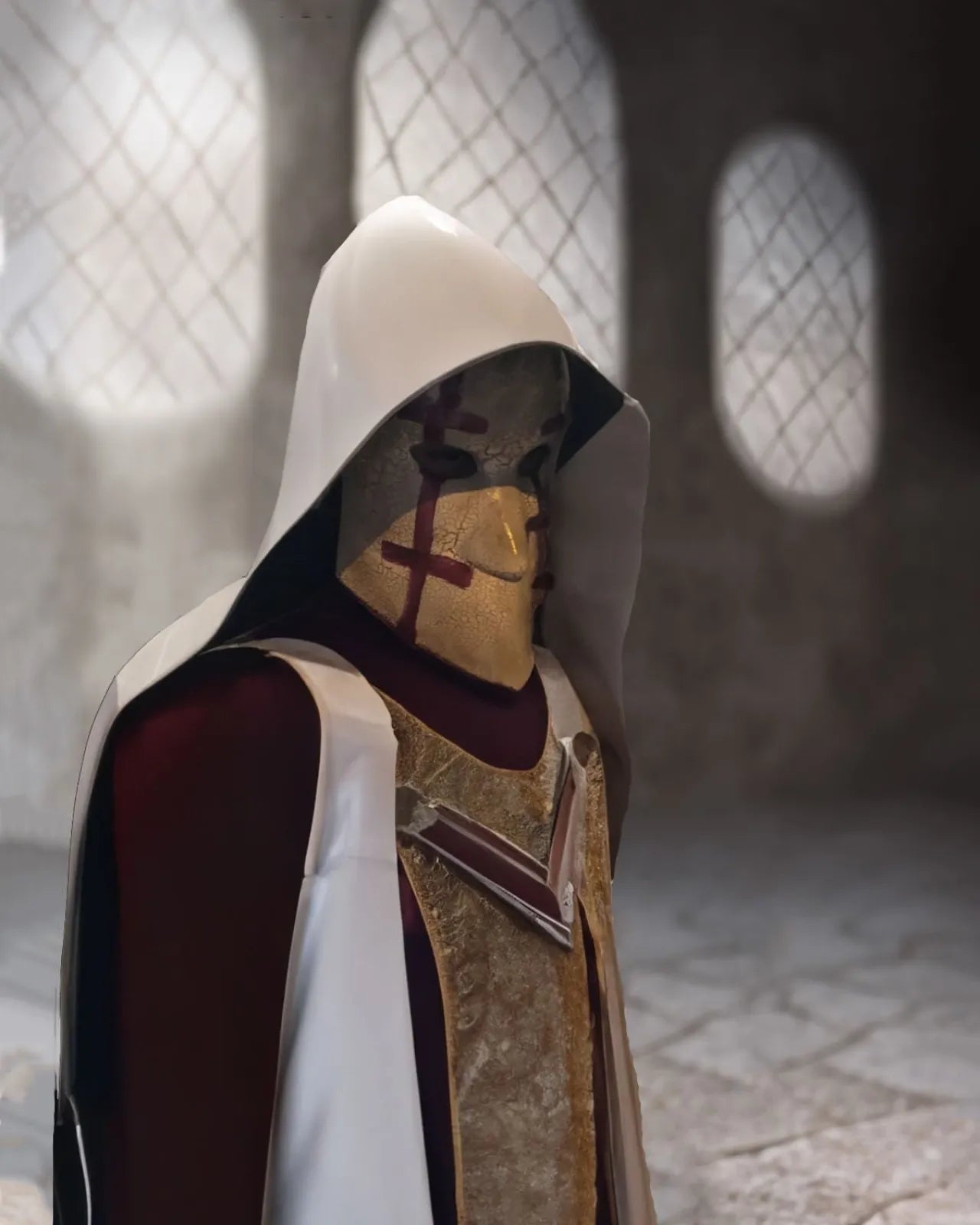 Historical Venetian Bauta; Red Accents on White, Traditional Crusades mask in an ornate, dimly-lit room, perfect for fantasy cosplay.