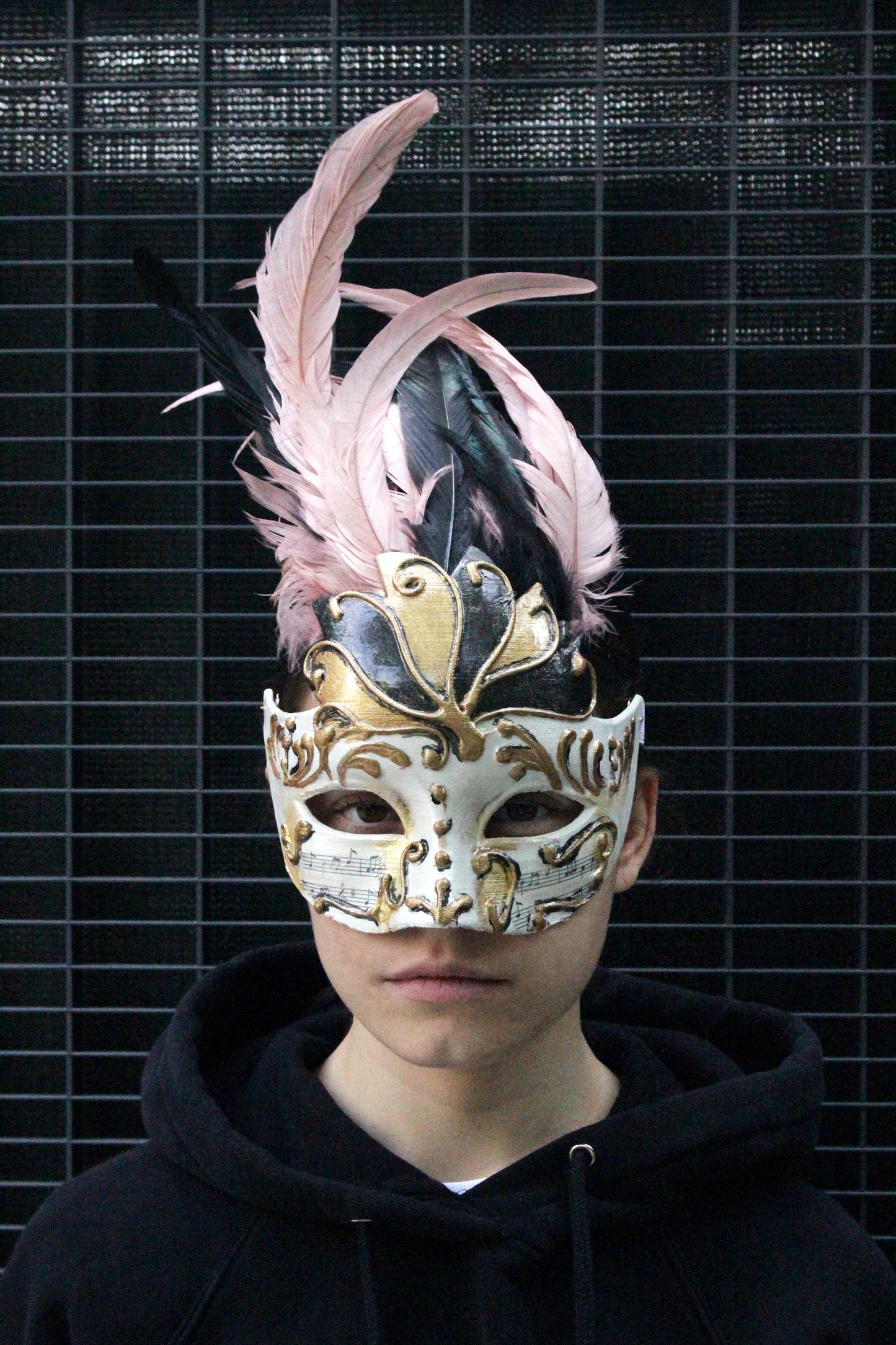 Chic Winged Crown Venetian Mask - Delicate Powder Pink with Black Feathers -