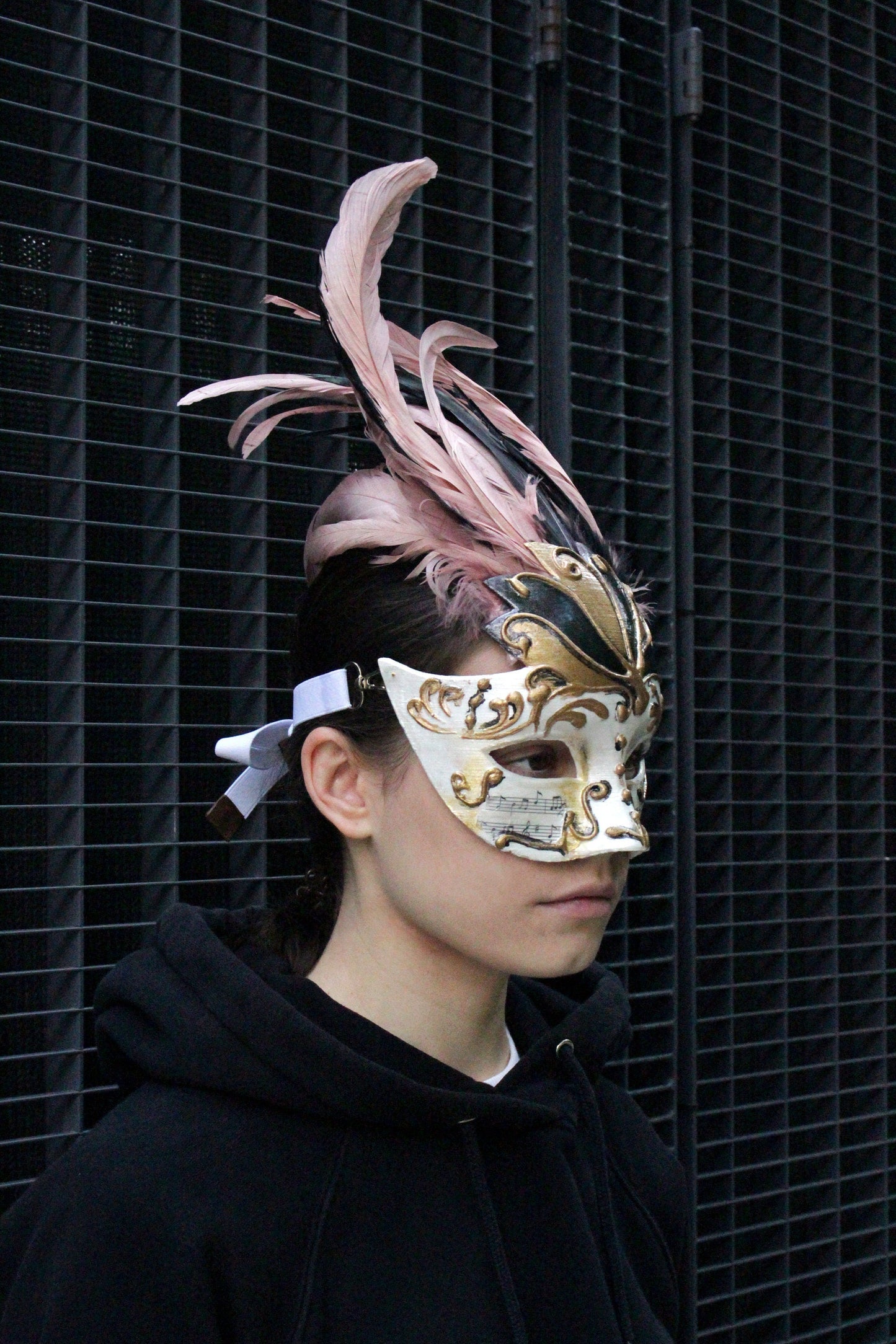 Chic Winged Crown Venetian Mask - Delicate Powder Pink with Black Feathers -