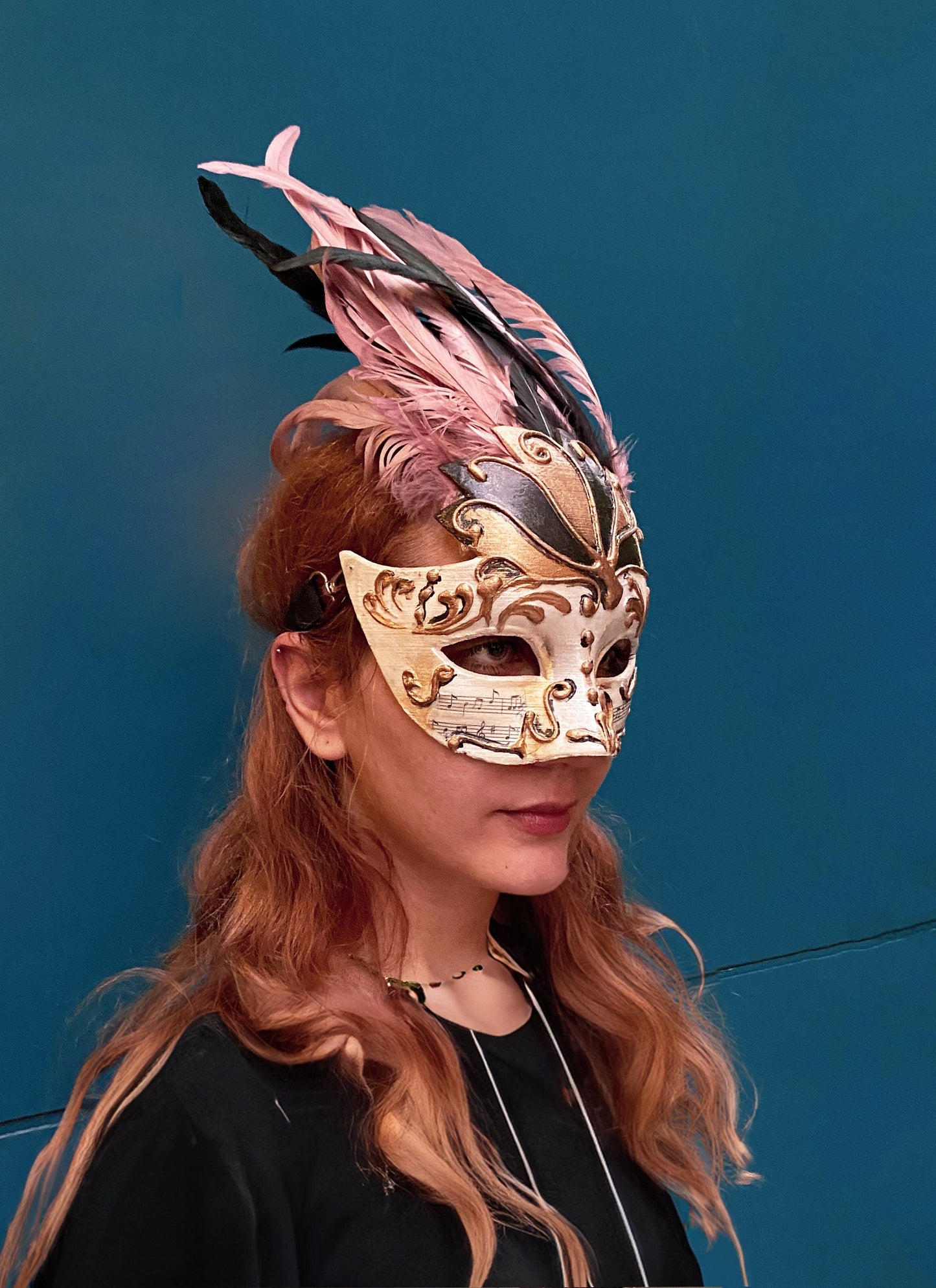 Chic Winged Crown Venetian Mask - Delicate Powder Pink with Black Feathers -