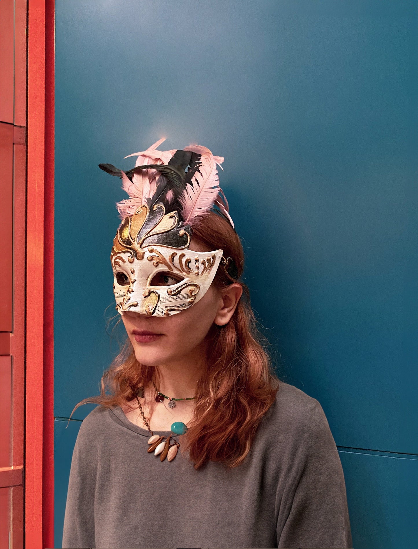 Chic Winged Crown Venetian Mask - Delicate Powder Pink with Black Feathers -