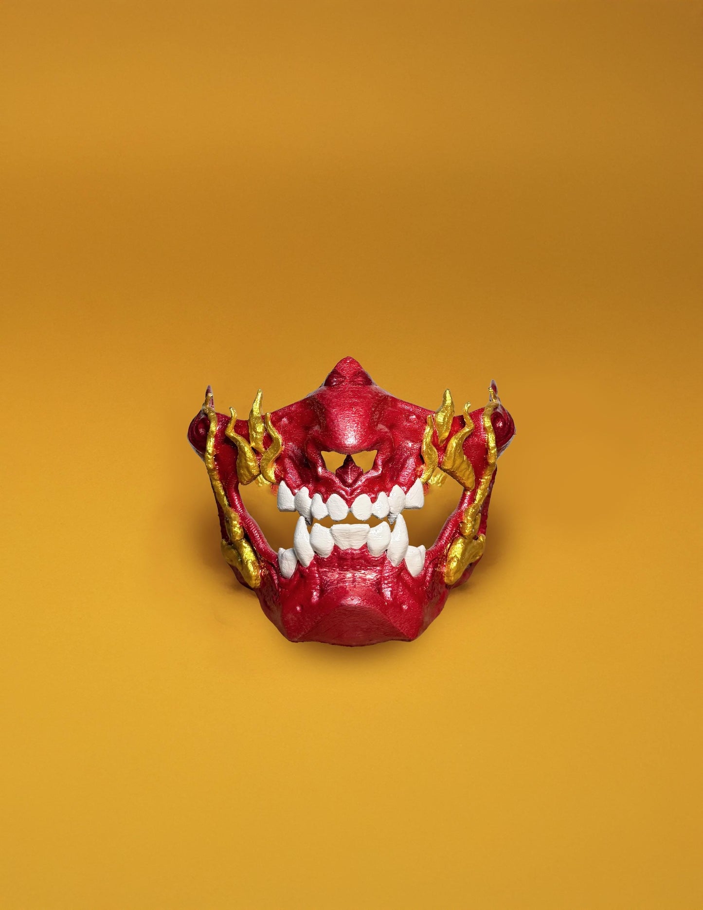 Fire Red Gold Samurai Demon Oni Mask - Mythology Masquerade - red mask with gold teeth - Oni Demons - Japanese art - Party, Cosplay, events