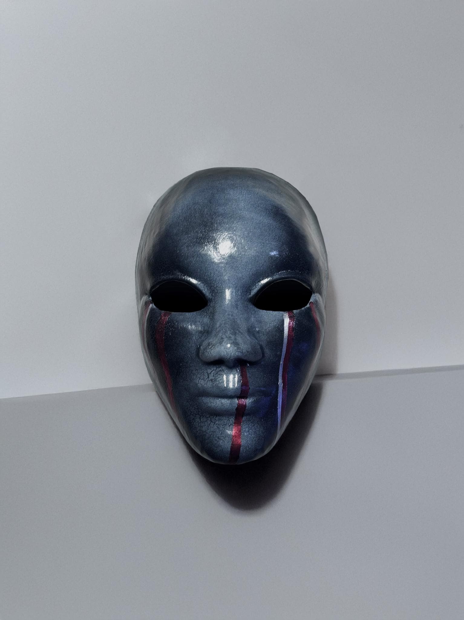 Dark Silver Crackle Face Mask with Red Stripes: Abstract Art Mask, Futuristic Halloween & Cosplay Costume