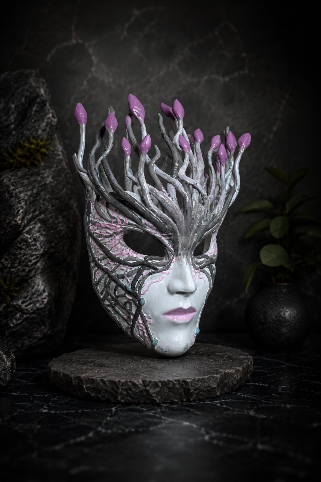 Pink Blossom Fantasy Forest Spirit Mask: Nature Goddess, Enchanted Tree Face, Hand Painted Art Mask, Fairy Wall Hanging