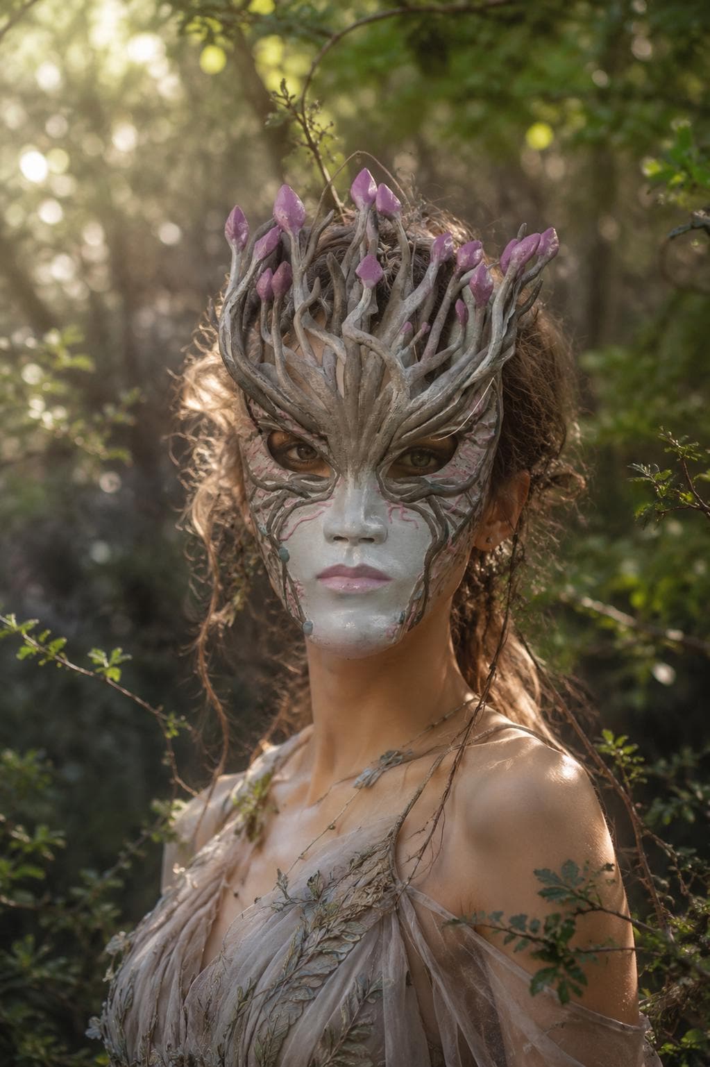 Pink Blossom Fantasy Forest Spirit Mask: Nature Goddess, Enchanted Tree Face, Hand Painted Art Mask, Fairy Wall Hanging