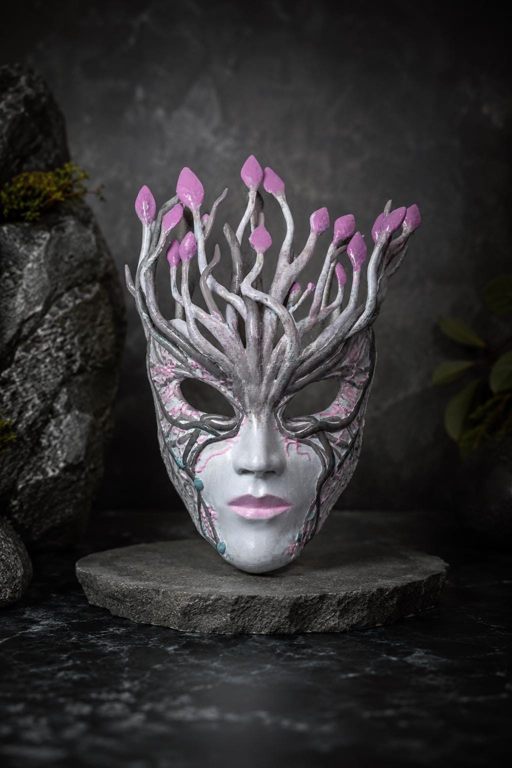 Pink Blossom Fantasy Forest Spirit Mask: Nature Goddess, Enchanted Tree Face, Hand Painted Art Mask, Fairy Wall Hanging