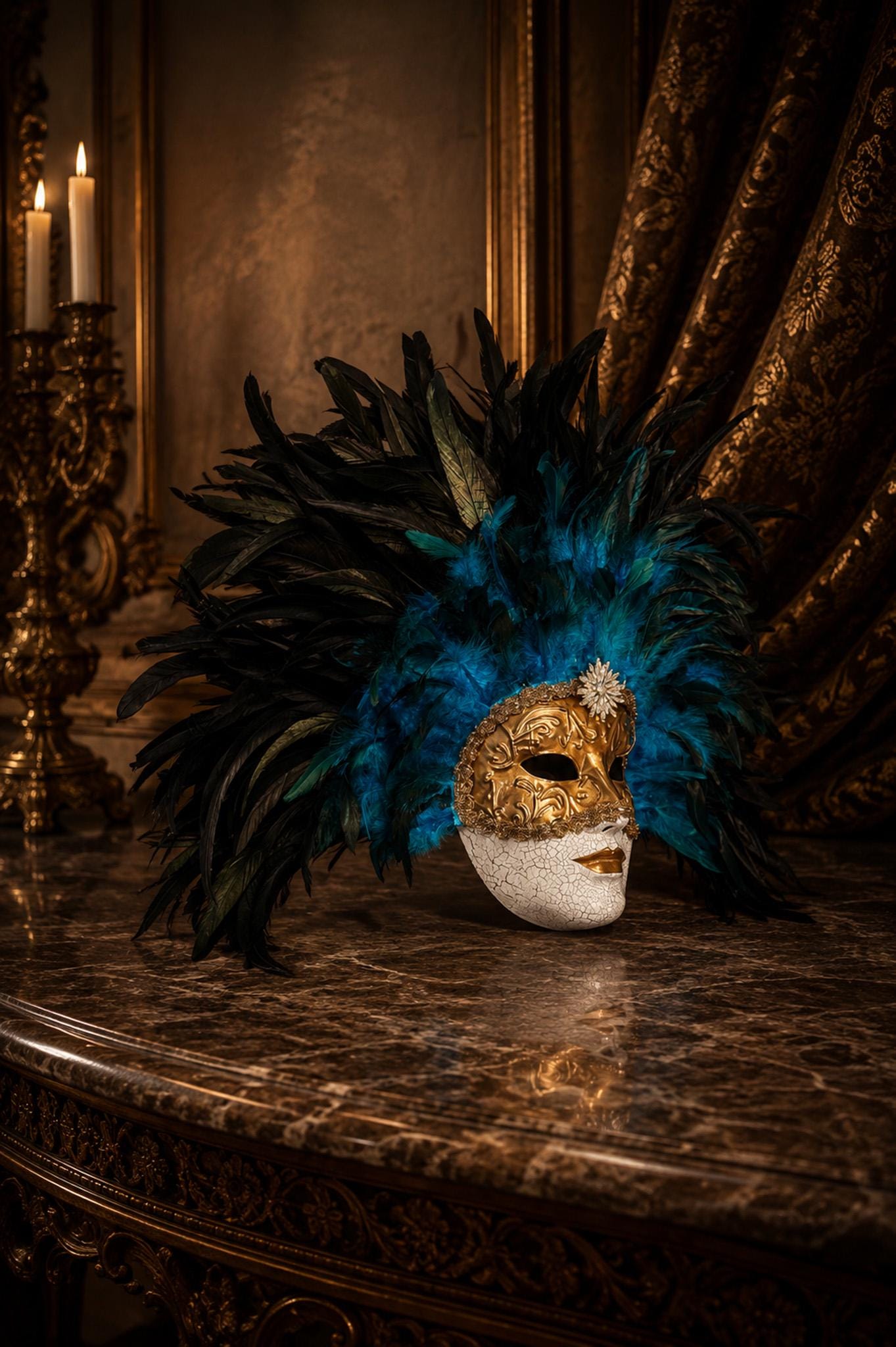 Gold Venetian Mask with Blue Feather Headdress: Mardi Gras Mask, Masquerade Ball Costume, eyes wide shut