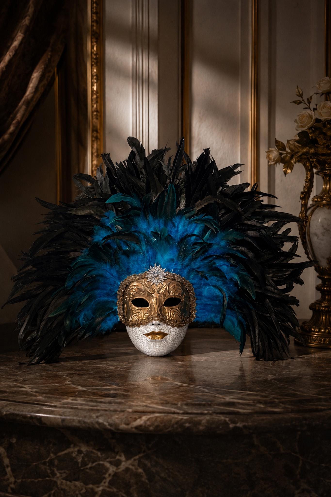 Gold Venetian Mask with Blue Feather Headdress: Mardi Gras Mask, Masquerade Ball Costume, eyes wide shut