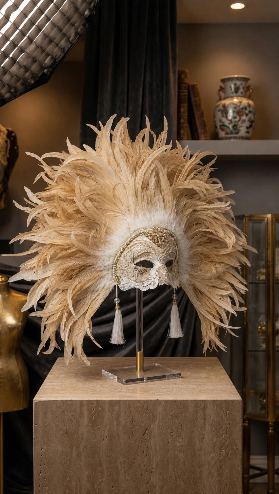 Aurélie: Luxury Ivory Feather Venetian Mask, Champagne Masquerade Headdress, Baroque Carnival Costume, Mardi Gras