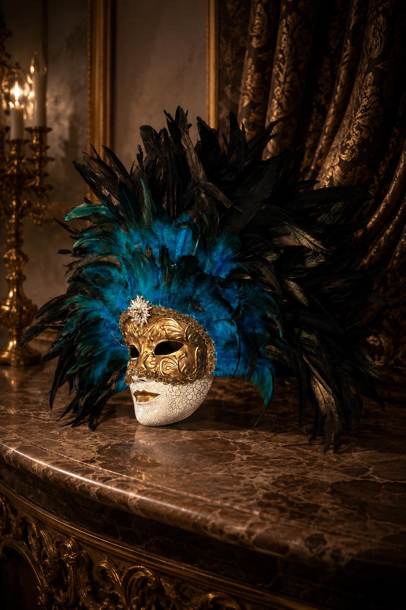 Gold Venetian Mask with Blue Feather Headdress: Mardi Gras Mask, Masquerade Ball Costume, eyes wide shut