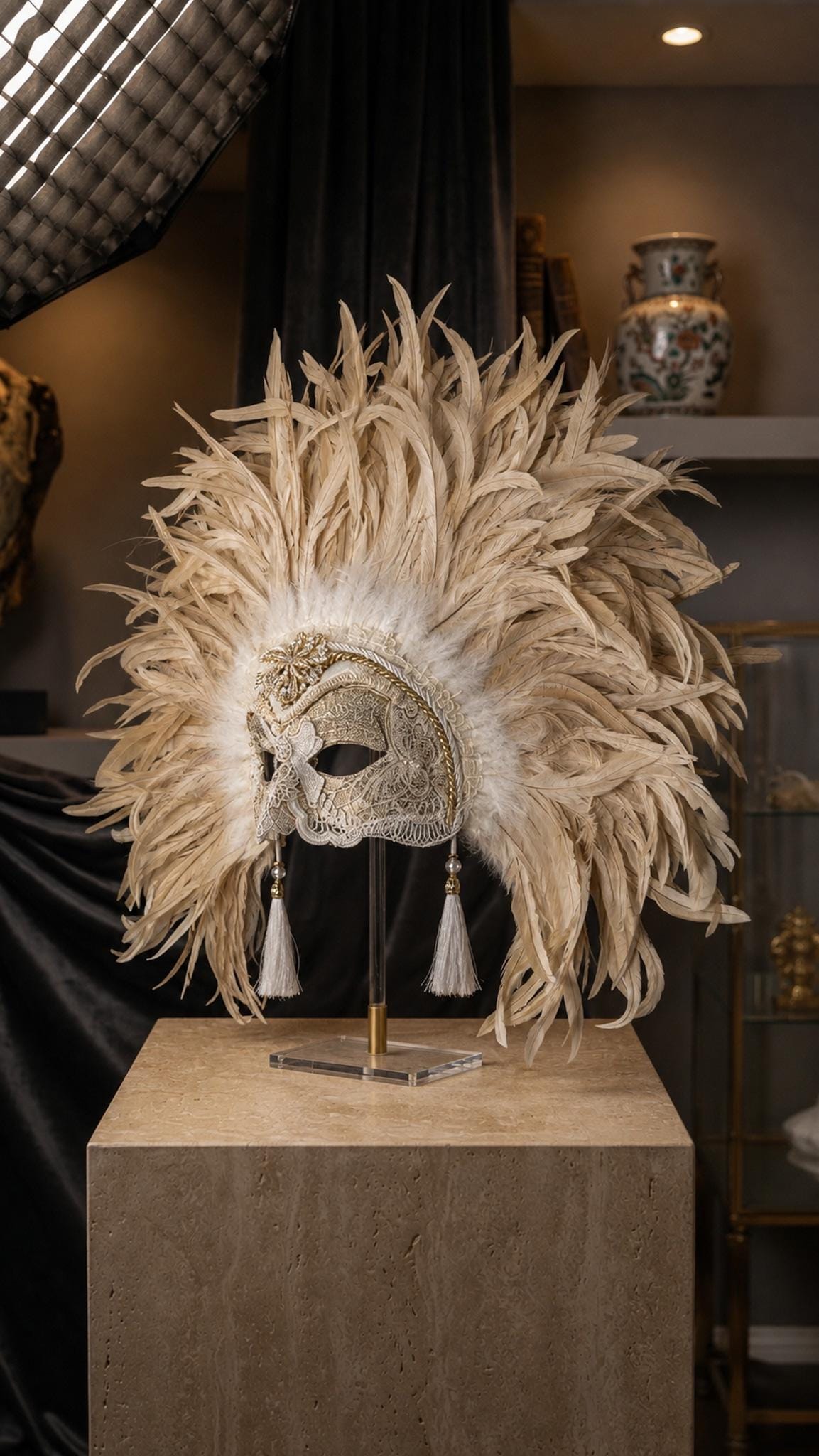 Aurélie: Luxury Ivory Feather Venetian Mask, Champagne Masquerade Headdress, Baroque Carnival Costume, Mardi Gras