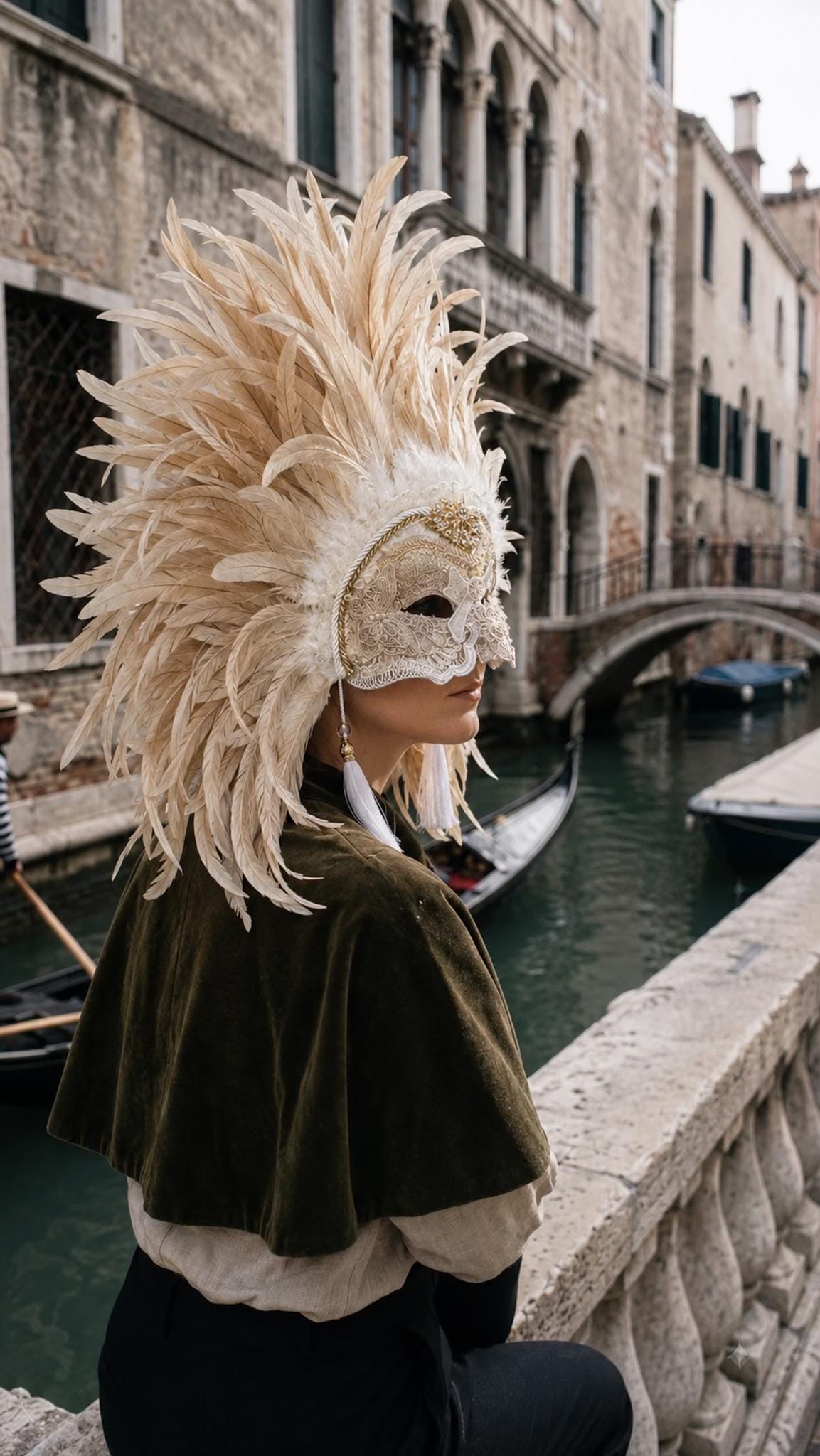 Aurélie: Luxury Ivory Feather Venetian Mask, Champagne Masquerade Headdress, Baroque Carnival Costume, Mardi Gras