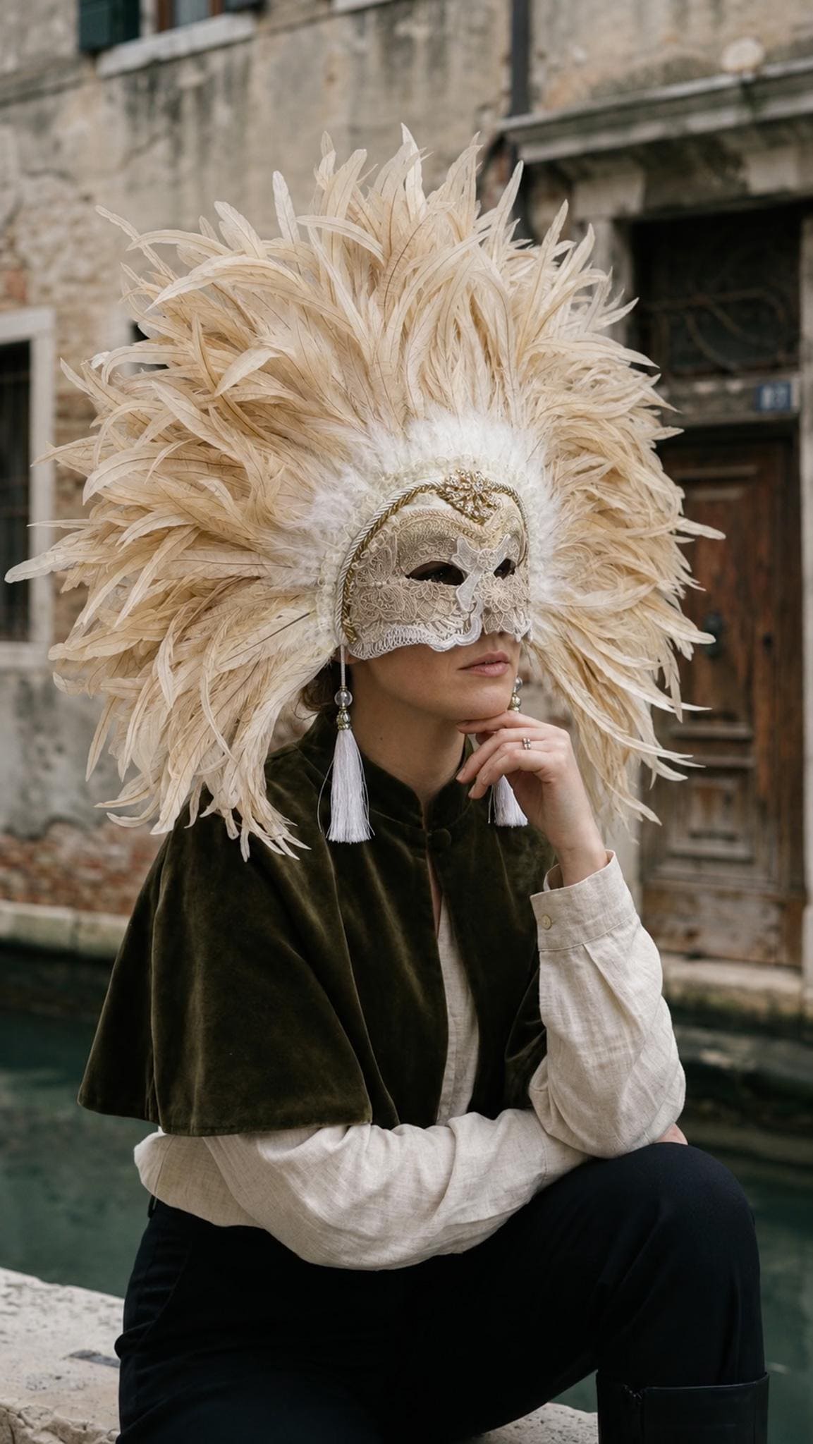Aurélie: Luxury Ivory Feather Venetian Mask, Champagne Masquerade Headdress, Baroque Carnival Costume, Mardi Gras