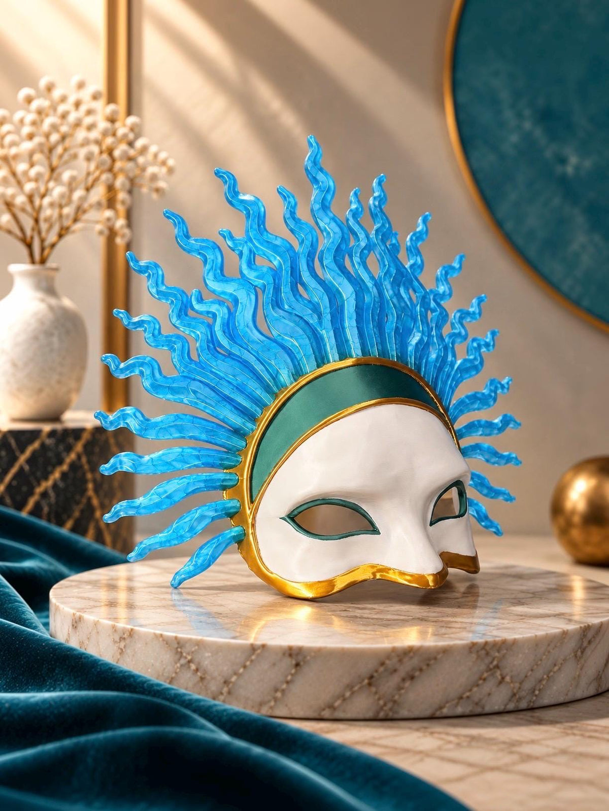 PRE-COLORED - NO Hand Crafted - Azure Flame Sun God – Blue Sunburst Masquerade, Venetian Mask Cosplay Face